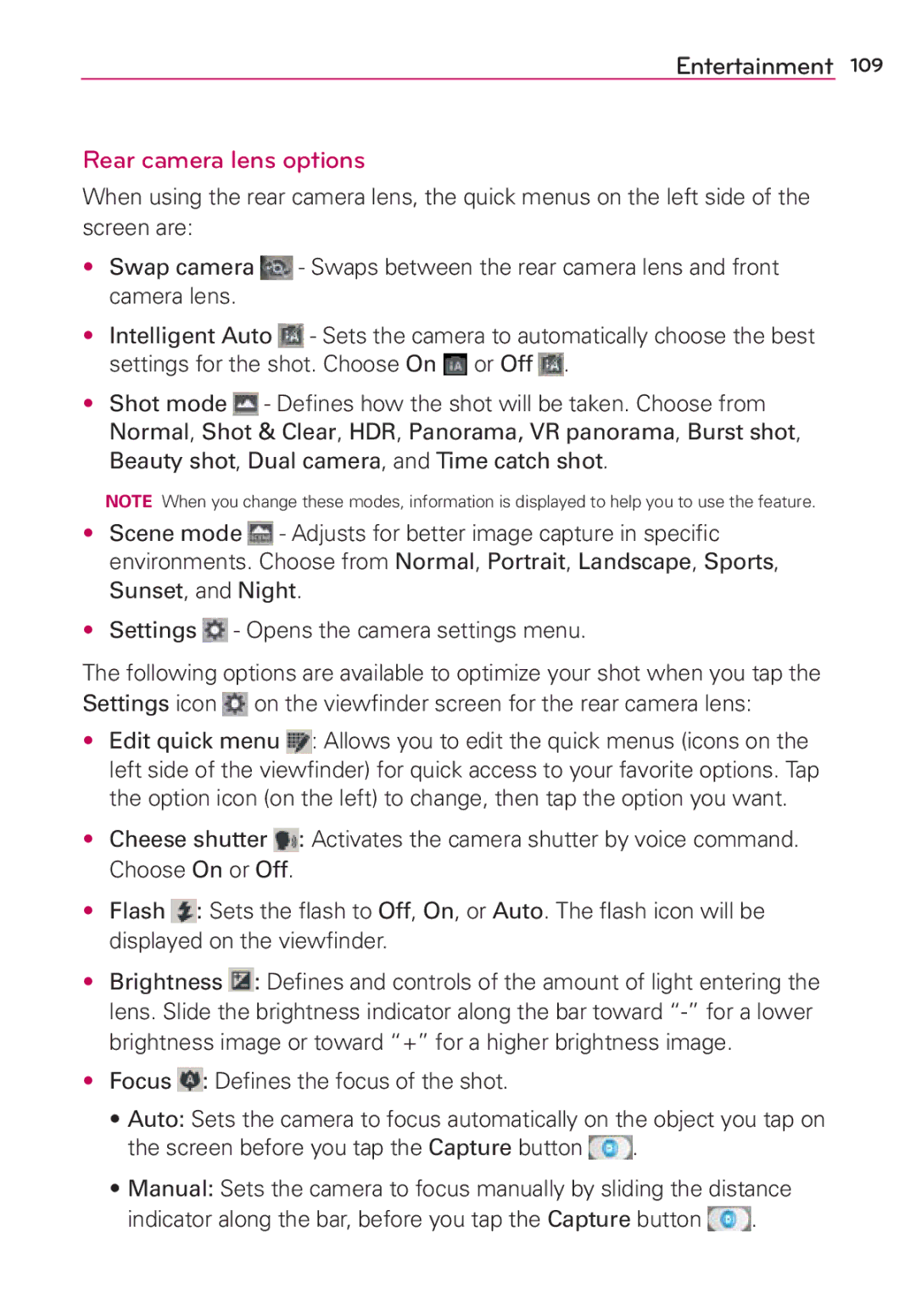 Verizon G2 manual Rear camera lens options, Choose On or Off, Displayed on the viewﬁnder 