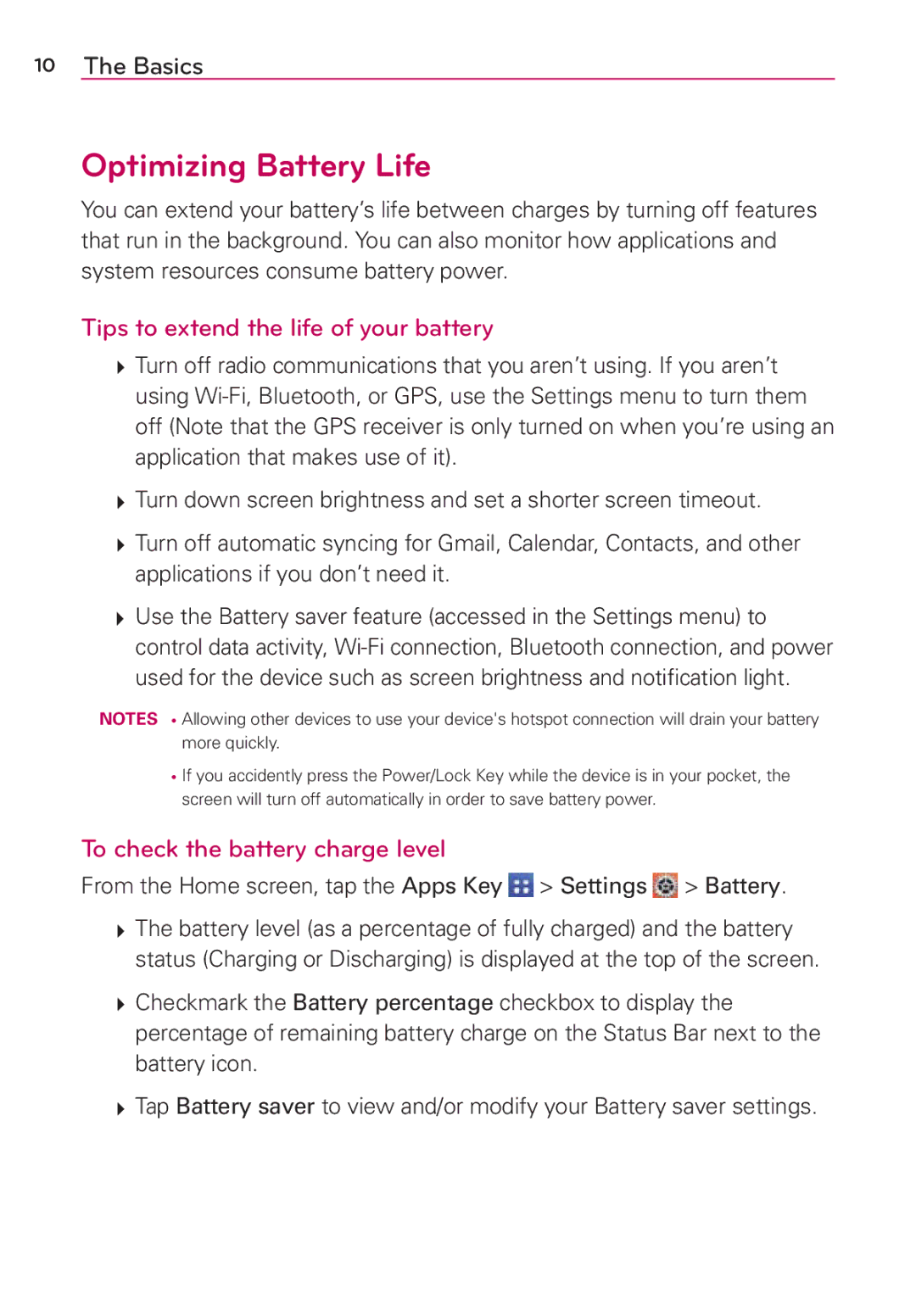 Verizon G2 manual Optimizing Battery Life, Tips to extend the life of your battery, To check the battery charge level 