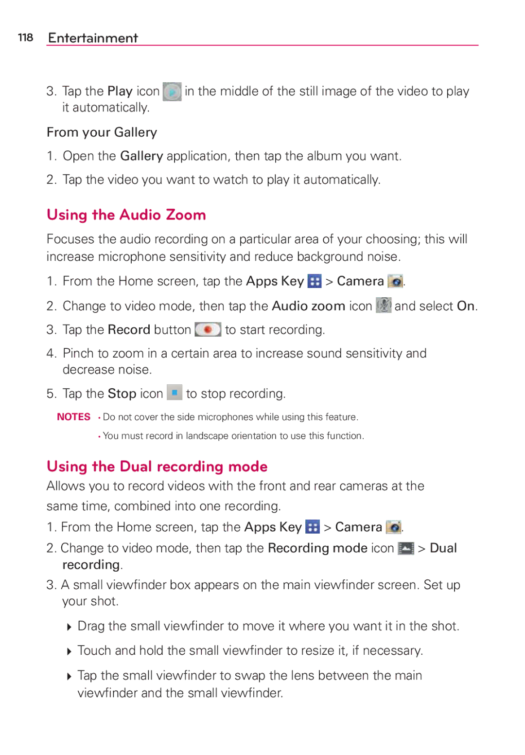 Verizon G2 manual Using the Audio Zoom, Using the Dual recording mode 