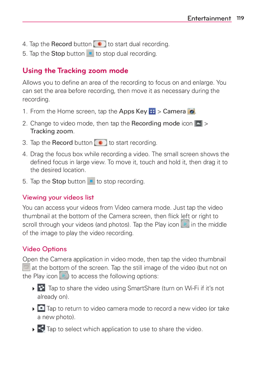 Verizon G2 manual Using the Tracking zoom mode, Viewing your videos list, Video Options 