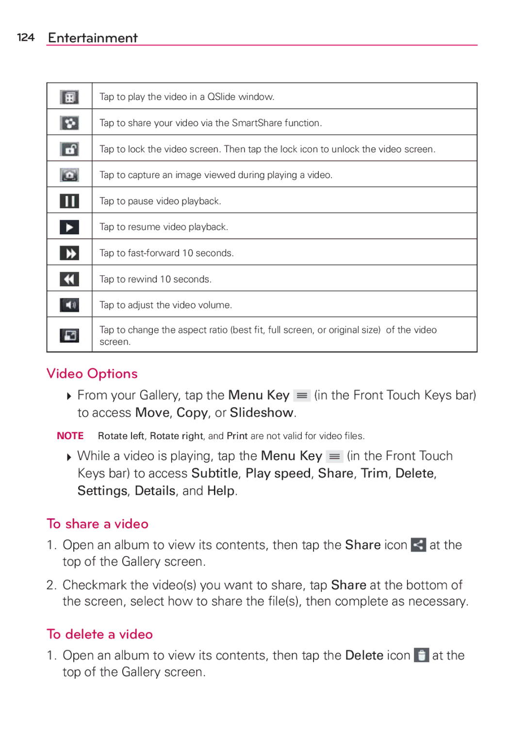 Verizon G2 manual To share a video, To delete a video 