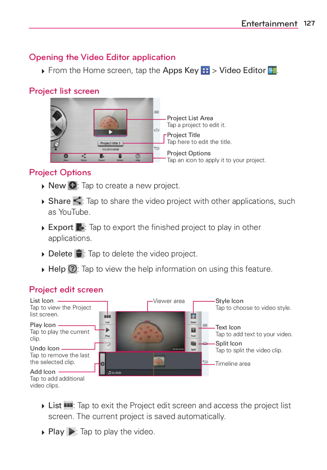 Verizon G2 manual Opening the Video Editor application, Project list screen, Project Options, Project edit screen 