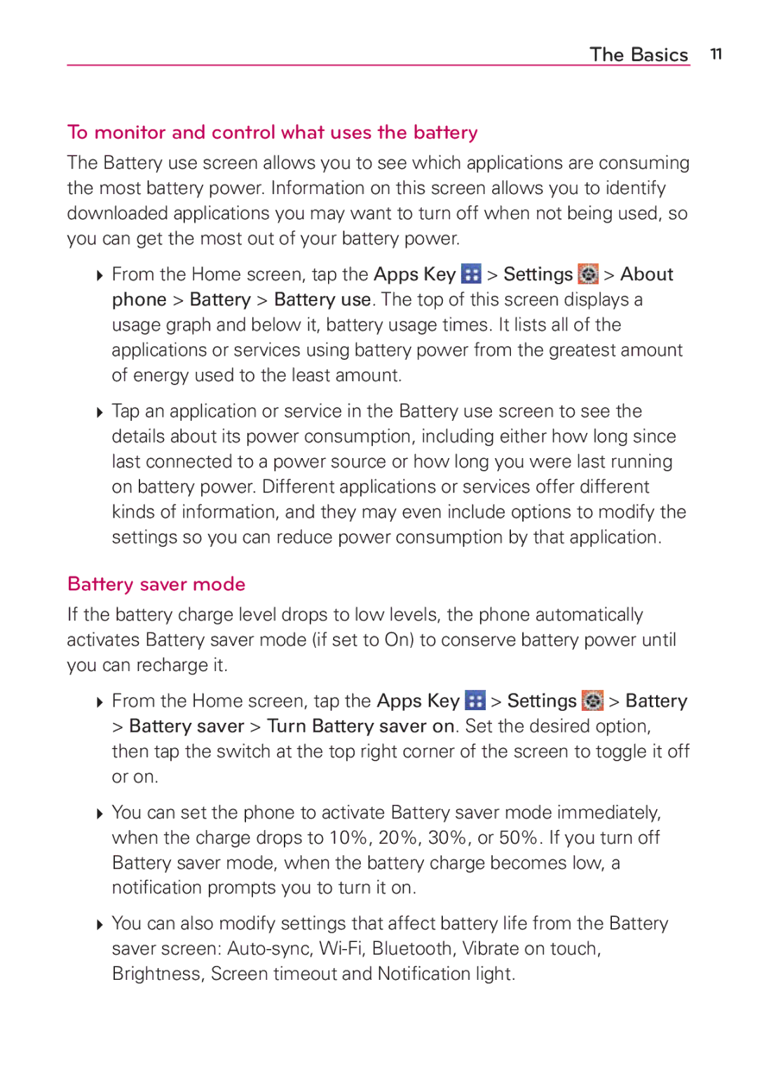 Verizon G2 manual To monitor and control what uses the battery, Battery saver mode 