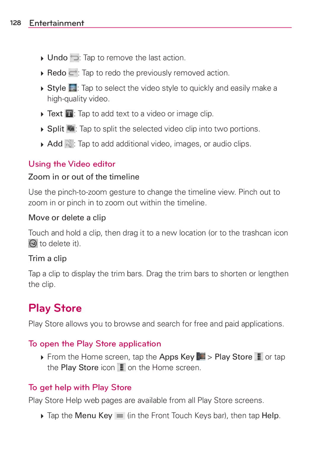 Verizon G2 manual Using the Video editor, To open the Play Store application, To get help with Play Store 