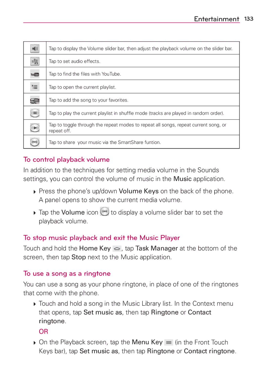 Verizon G2 manual To control playback volume, To stop music playback and exit the Music Player, To use a song as a ringtone 