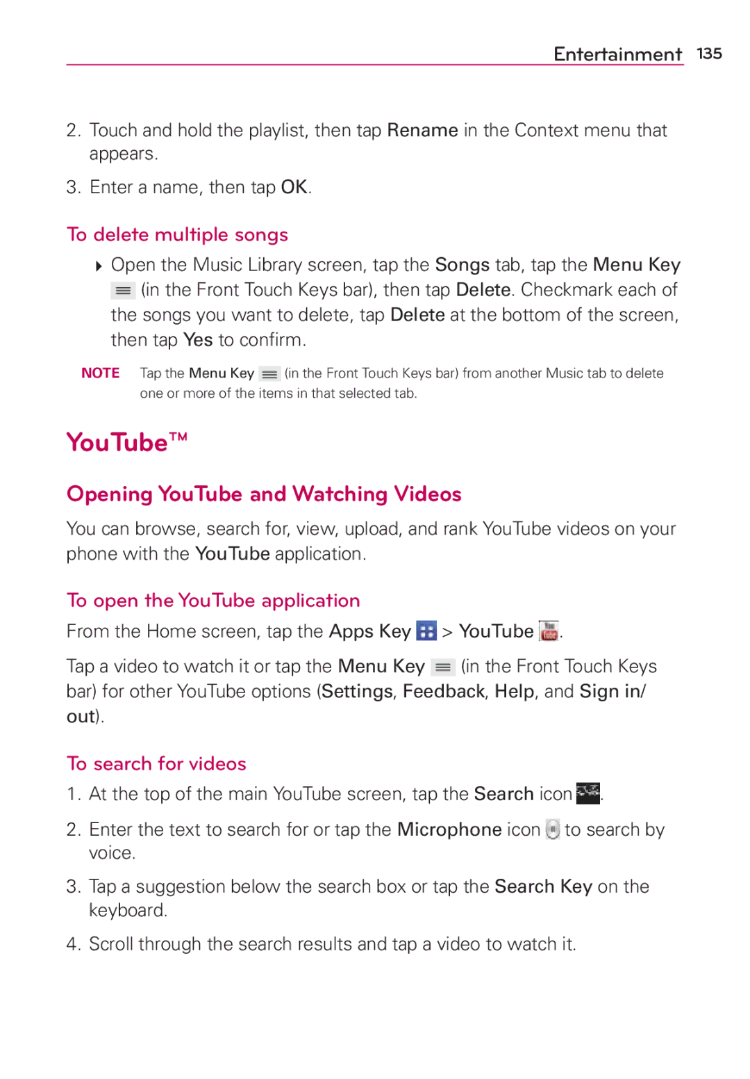 Verizon G2 manual Opening YouTube and Watching Videos, To delete multiple songs, To open the YouTube application 