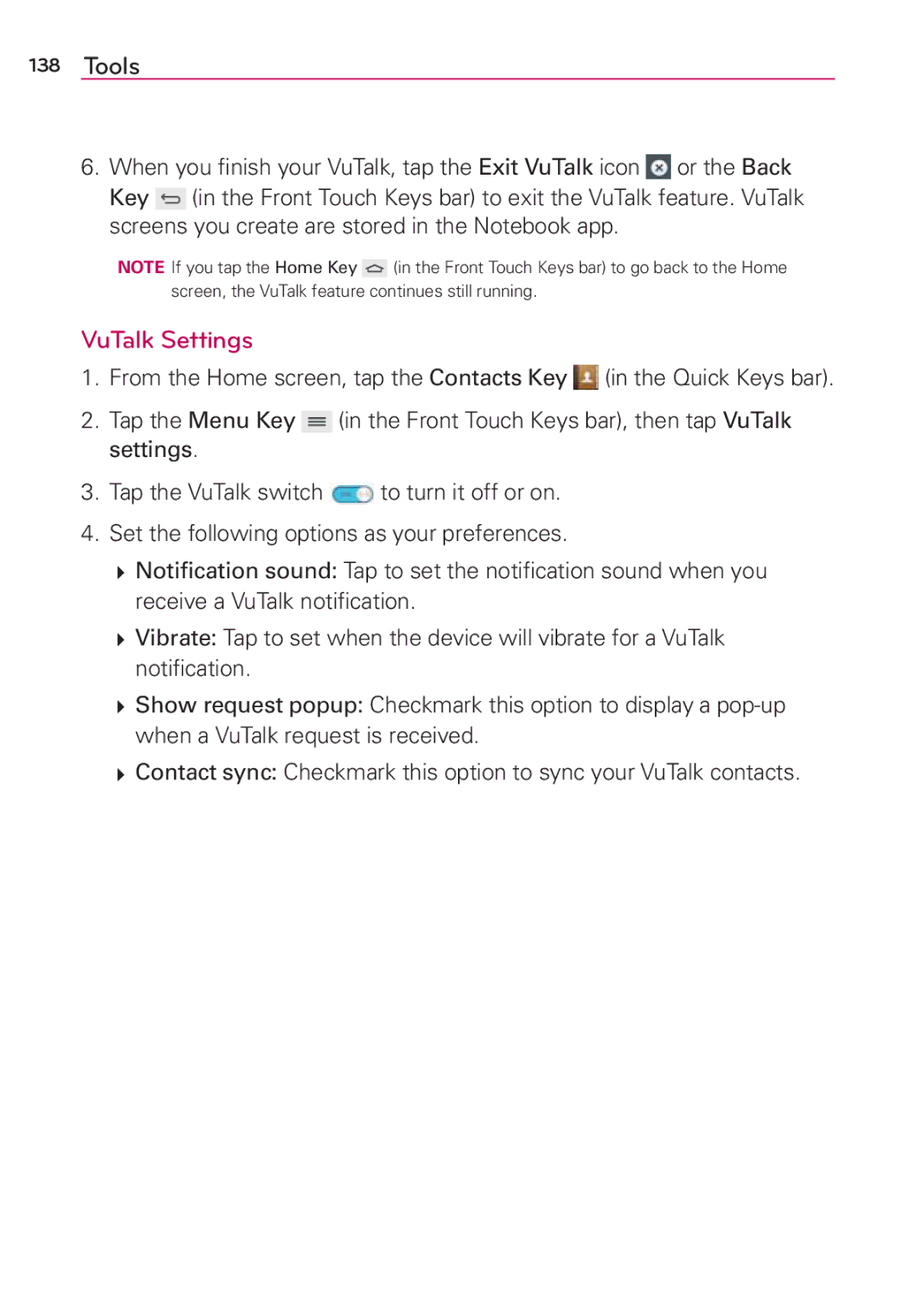 Verizon G2 manual VuTalk Settings 