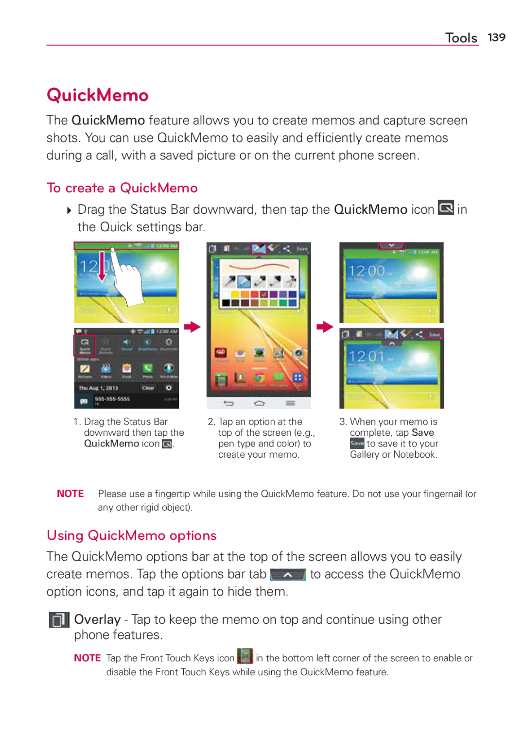 Verizon G2 manual To create a QuickMemo, Using QuickMemo options 