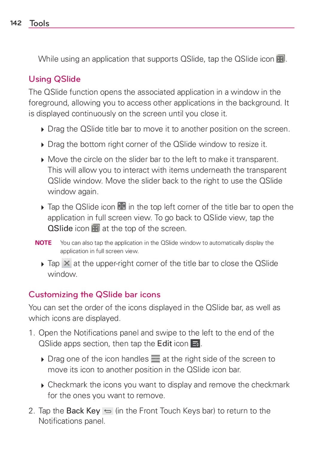 Verizon G2 manual Using QSlide, Customizing the QSlide bar icons 