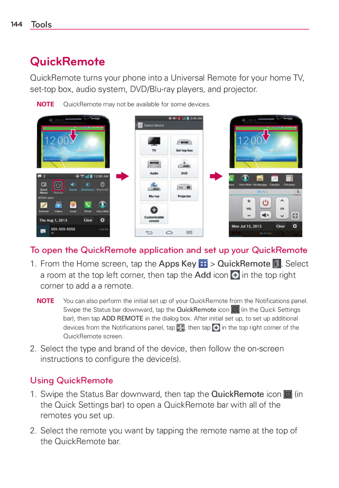 Verizon G2 manual Using QuickRemote 