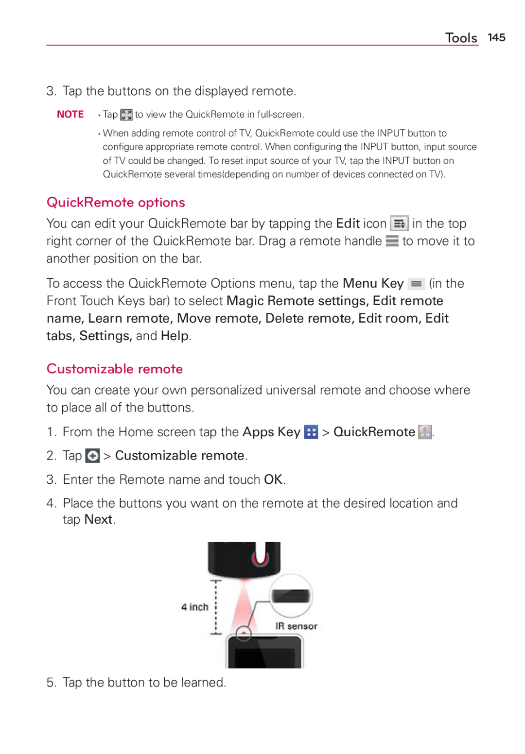 Verizon G2 manual QuickRemote options, Customizable remote, Tap the buttons on the displayed remote 