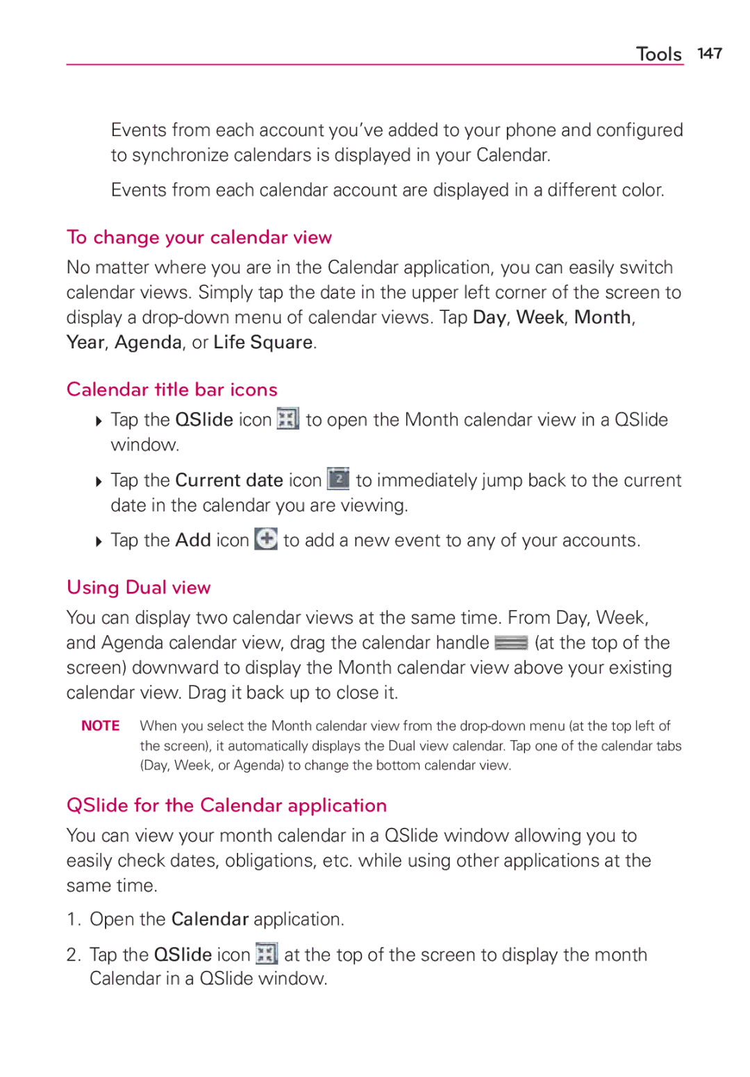 Verizon G2 manual To change your calendar view, Calendar title bar icons, QSlide for the Calendar application 