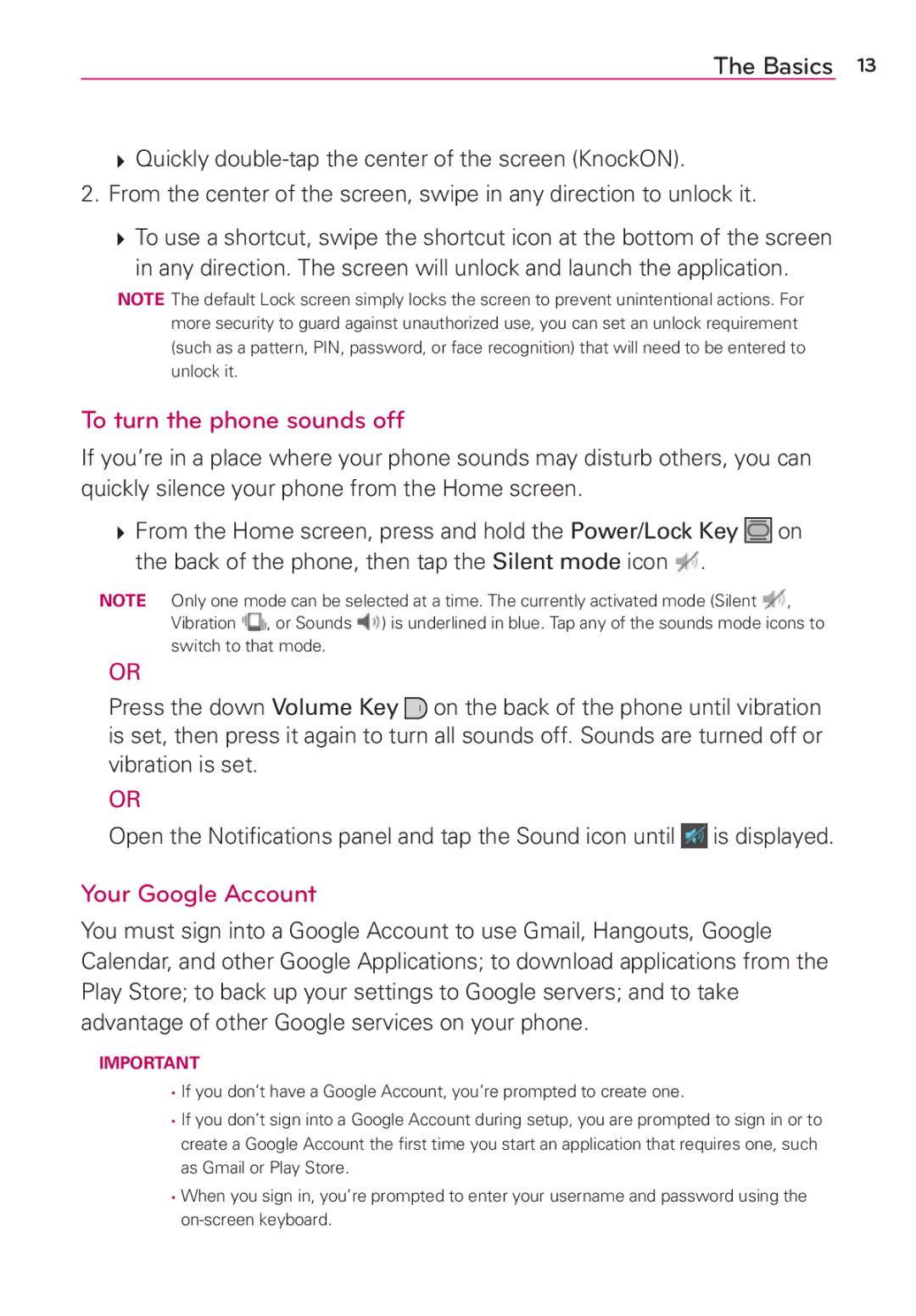 Verizon G2 manual To turn the phone sounds off, Your Google Account, Back of the phone, then tap the Silent mode icon 