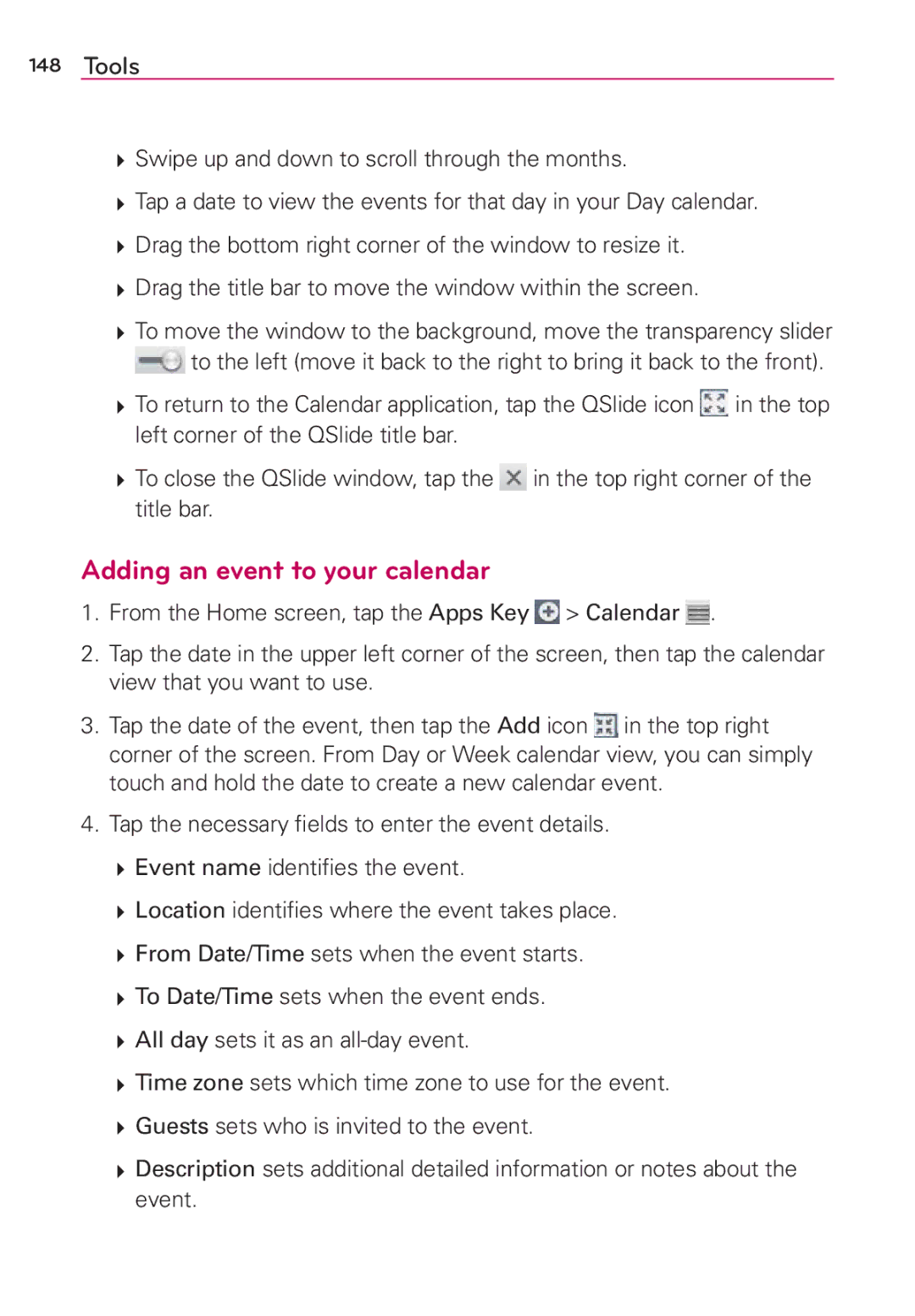 Verizon G2 manual Adding an event to your calendar 