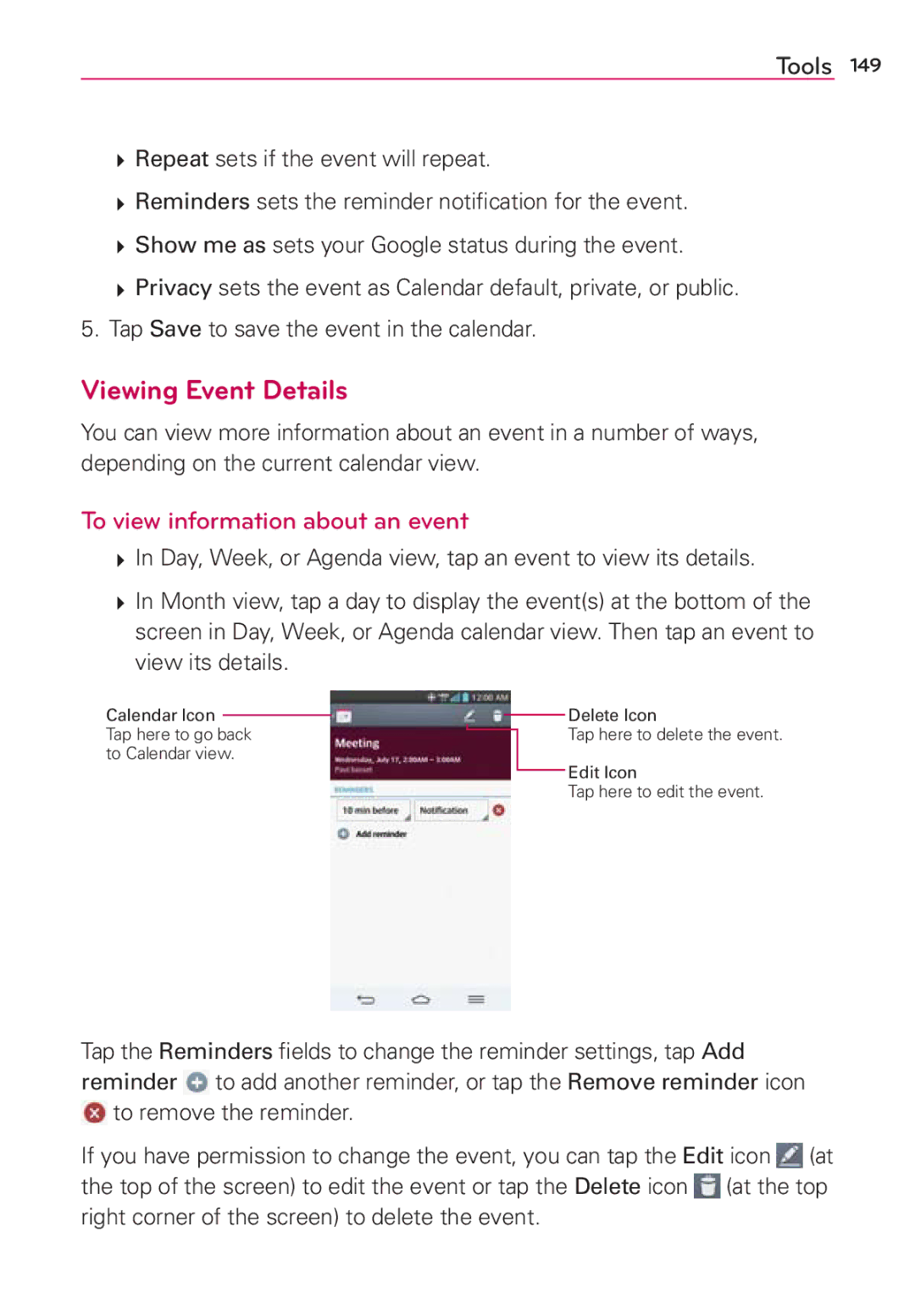 Verizon G2 manual Viewing Event Details, To view information about an event 