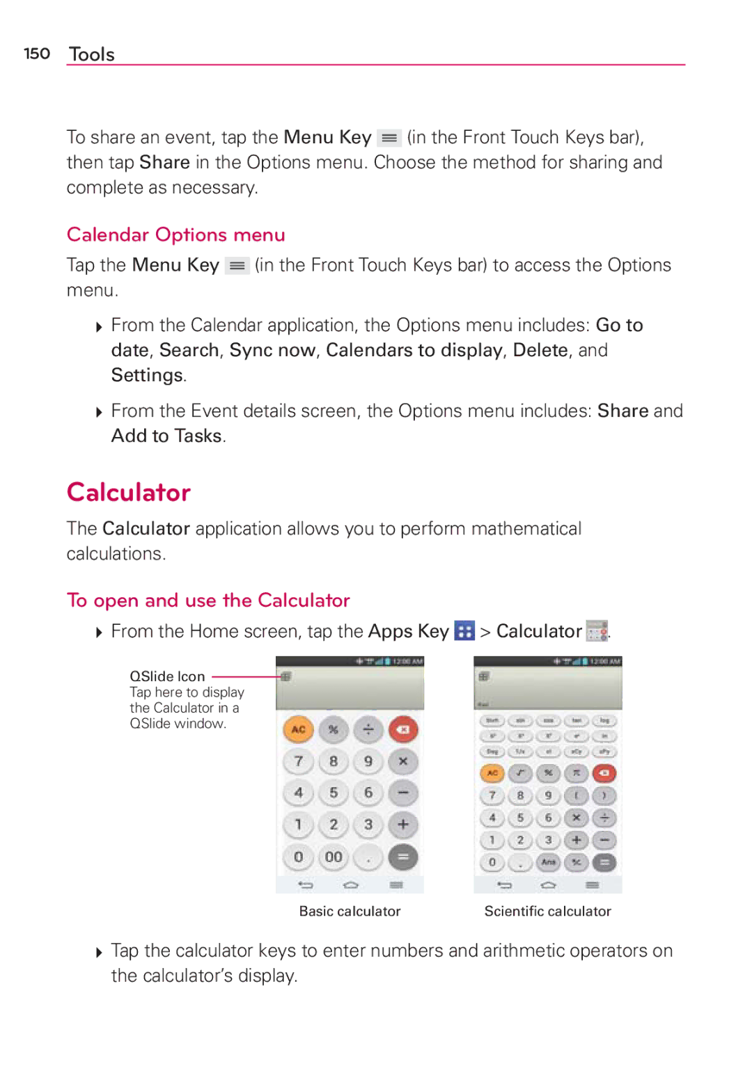 Verizon G2 Calendar Options menu, To open and use the Calculator, From the Home screen, tap the Apps Key Calculator 