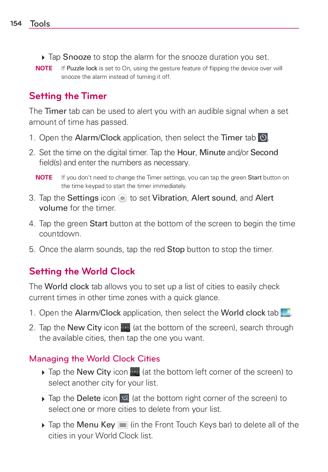 Verizon G2 manual Setting the Timer, Setting the World Clock, Managing the World Clock Cities 