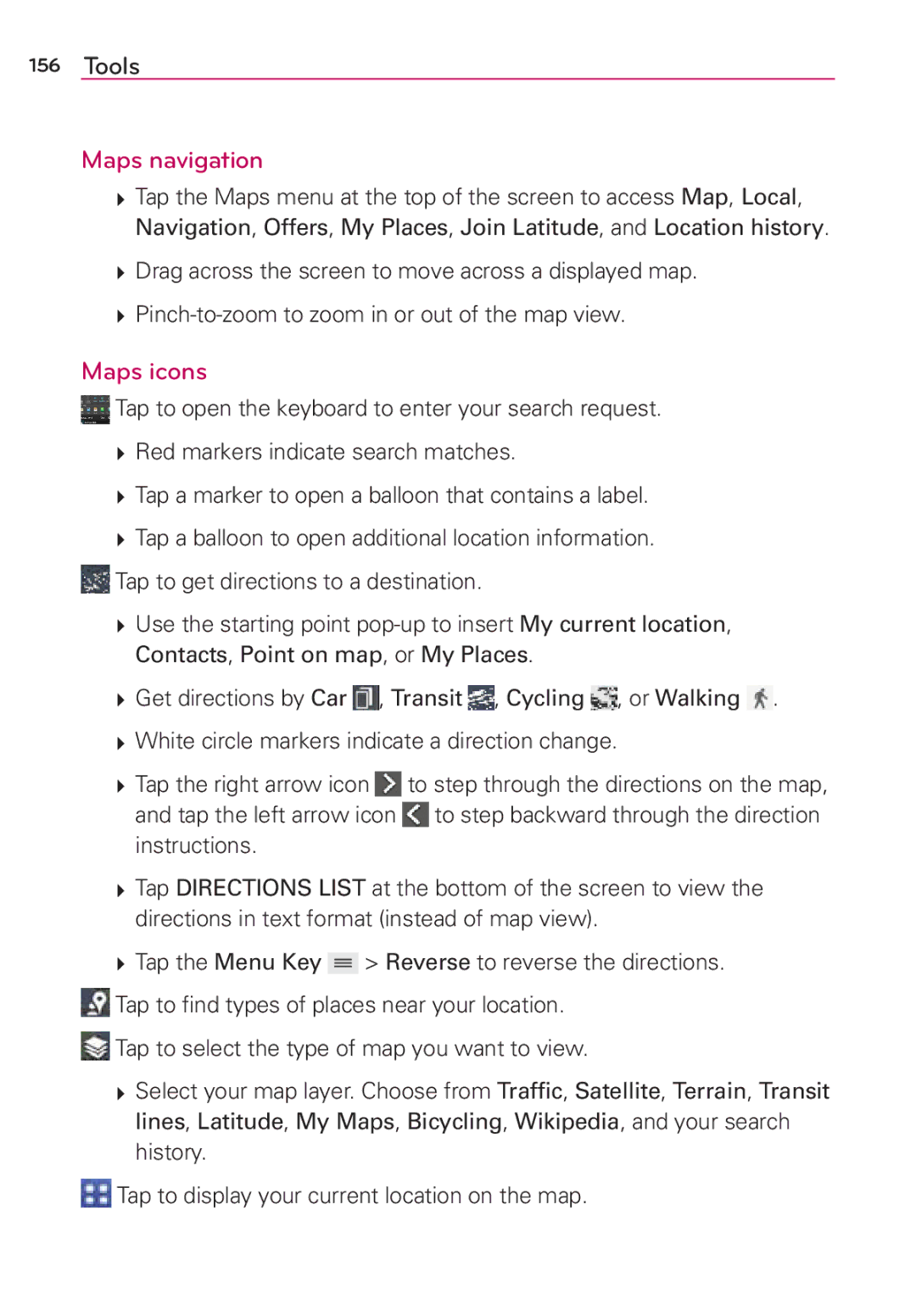 Verizon G2 manual Maps navigation, Maps icons 