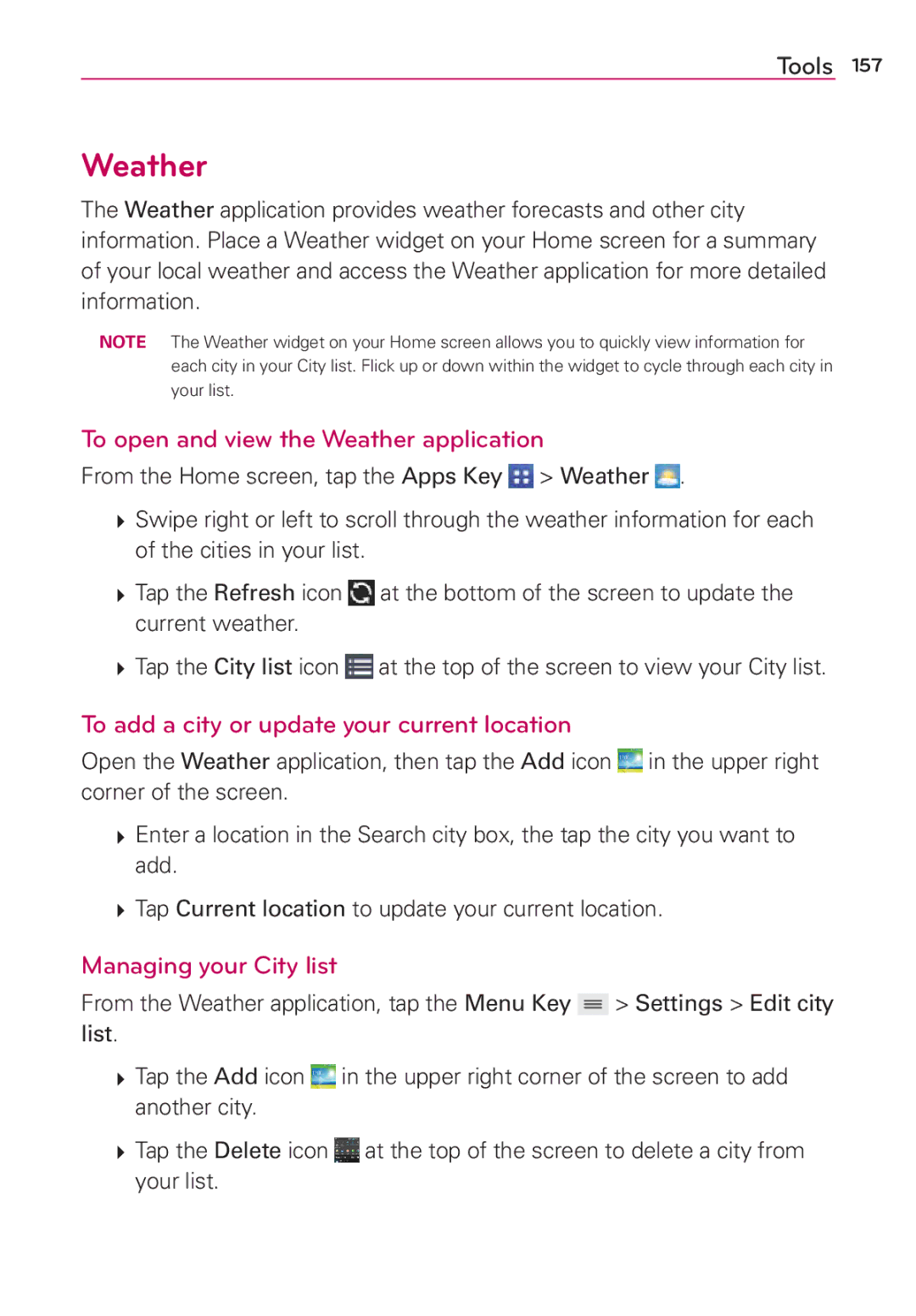 Verizon G2 manual To open and view the Weather application, To add a city or update your current location 