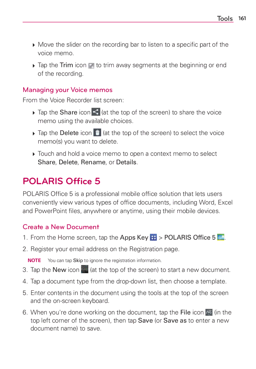 Verizon G2 manual Polaris Ofﬁce, Managing your Voice memos, Create a New Document 