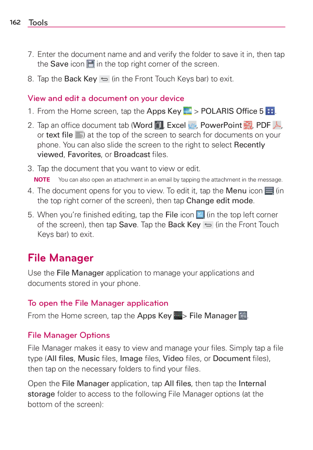 Verizon G2 manual View and edit a document on your device, To open the File Manager application, File Manager Options 