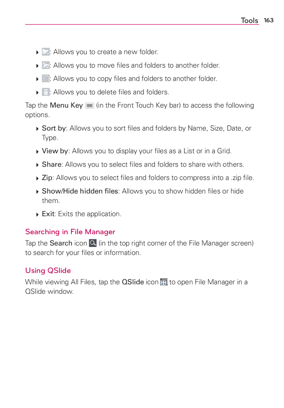 Verizon G2 manual Searching in File Manager, Using QSlide 