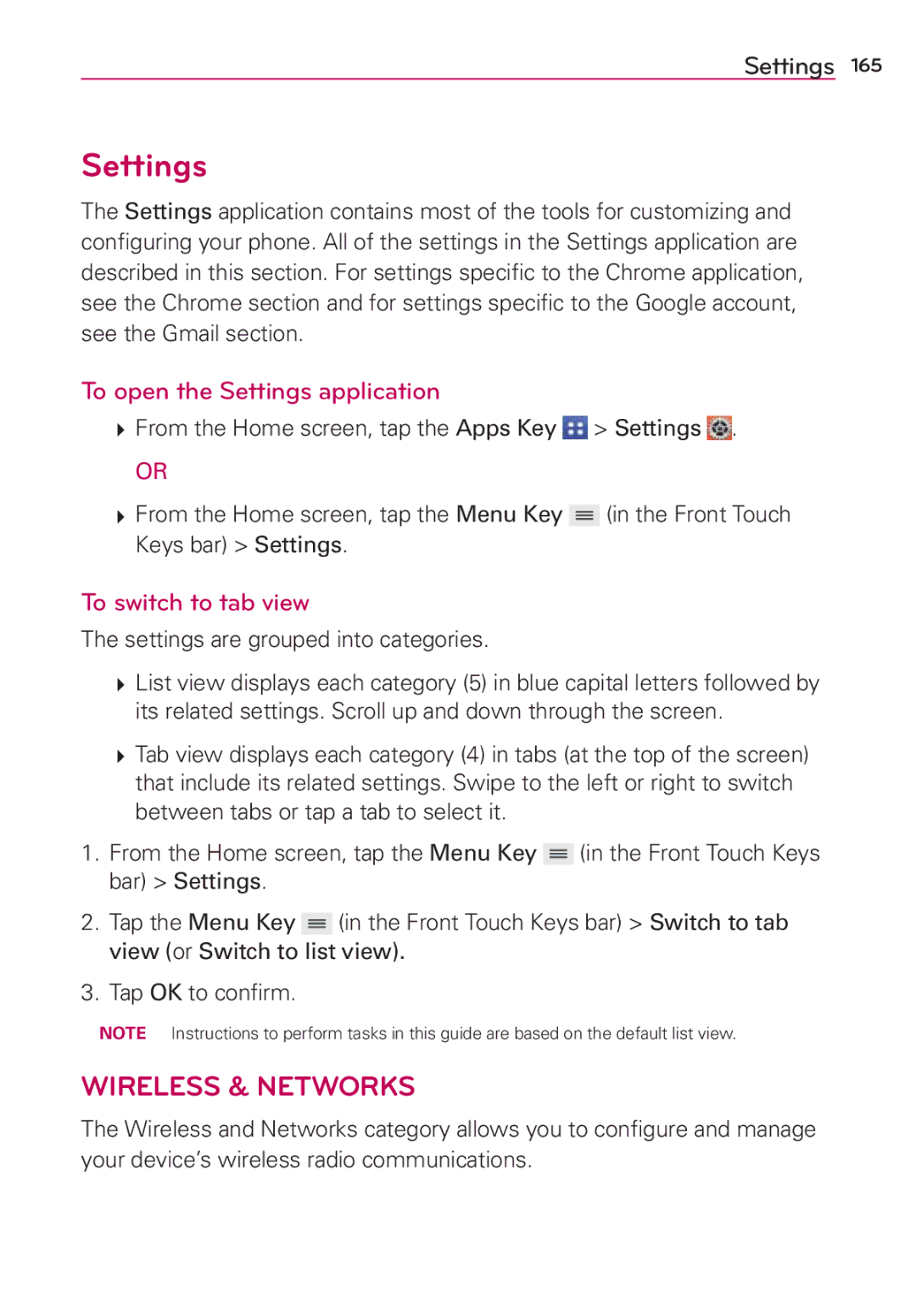 Verizon G2 manual To open the Settings application, To switch to tab view, Settings are grouped into categories 