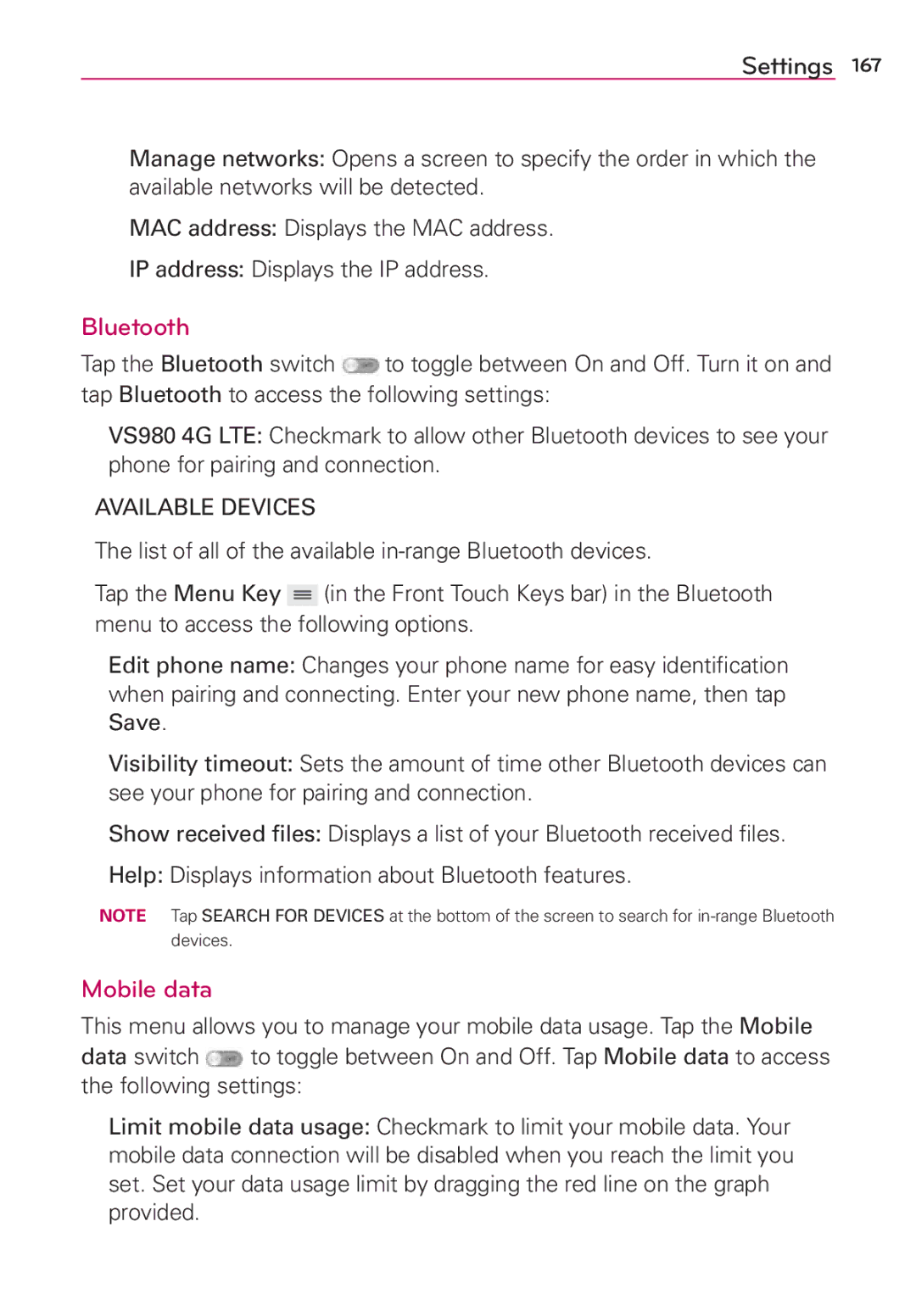 Verizon G2 manual Bluetooth, Mobile data, Available Devices 