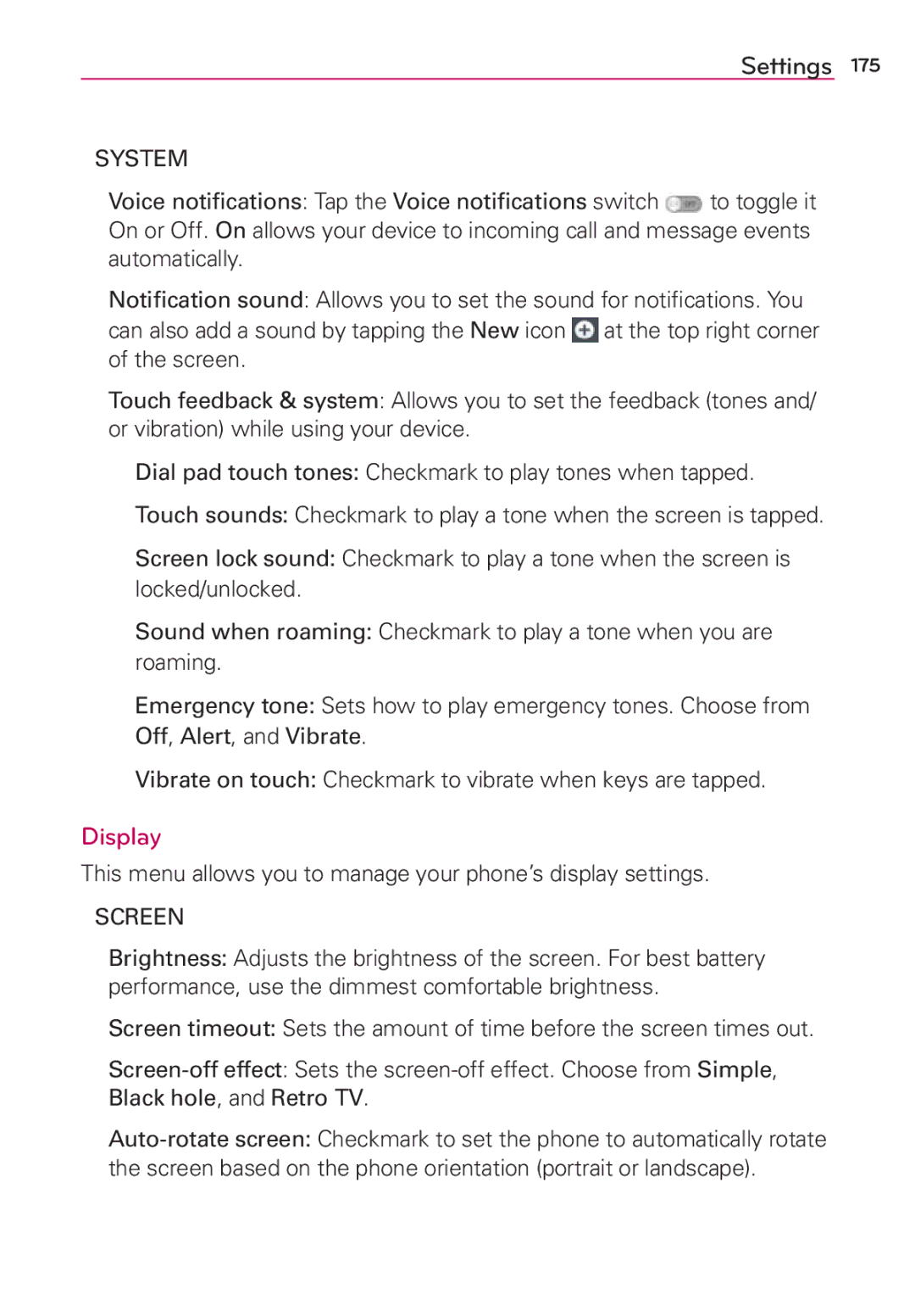 Verizon G2 manual Display, System, Screen 