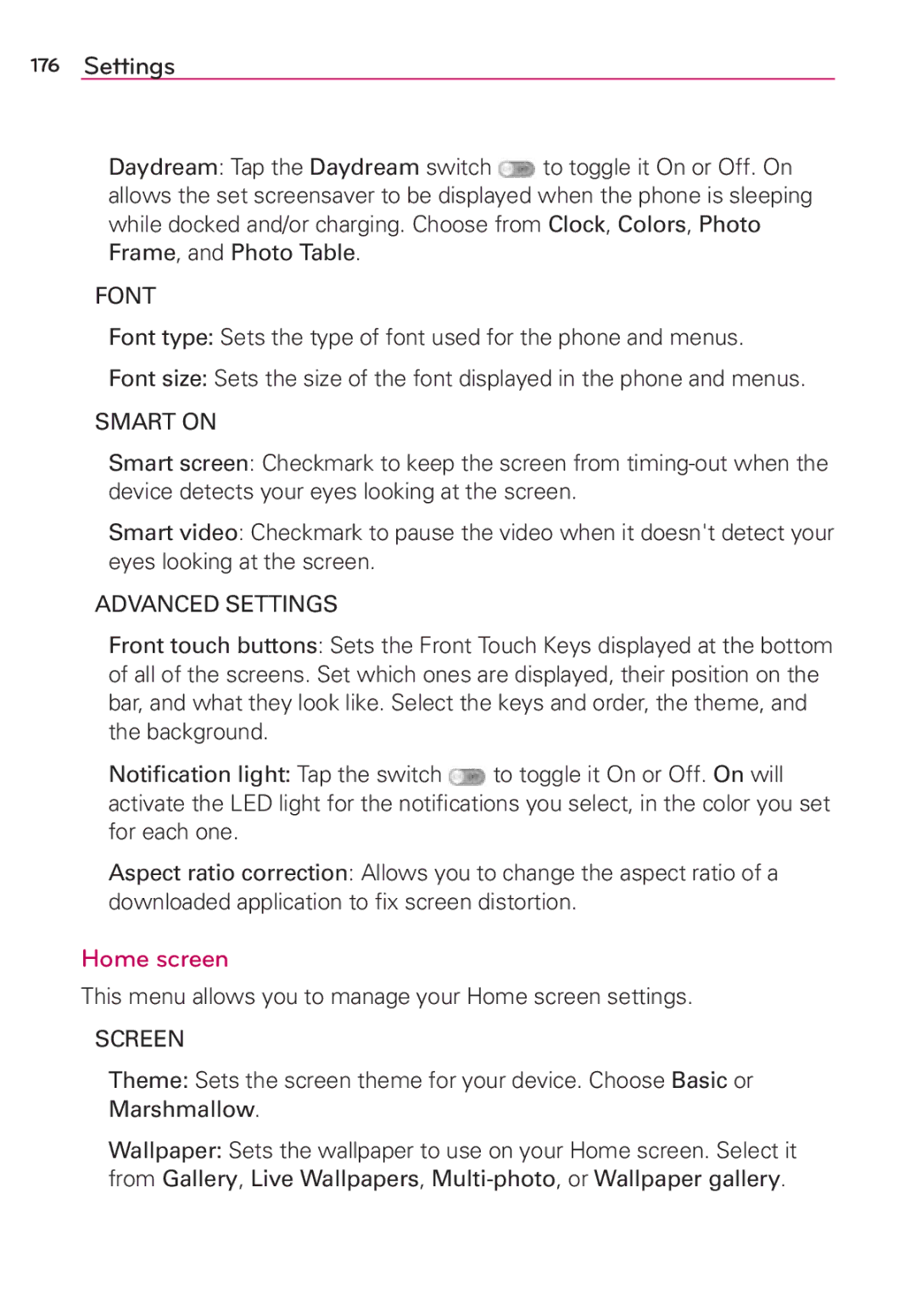 Verizon G2 manual Font, Smart on, Advanced Settings, This menu allows you to manage your Home screen settings 