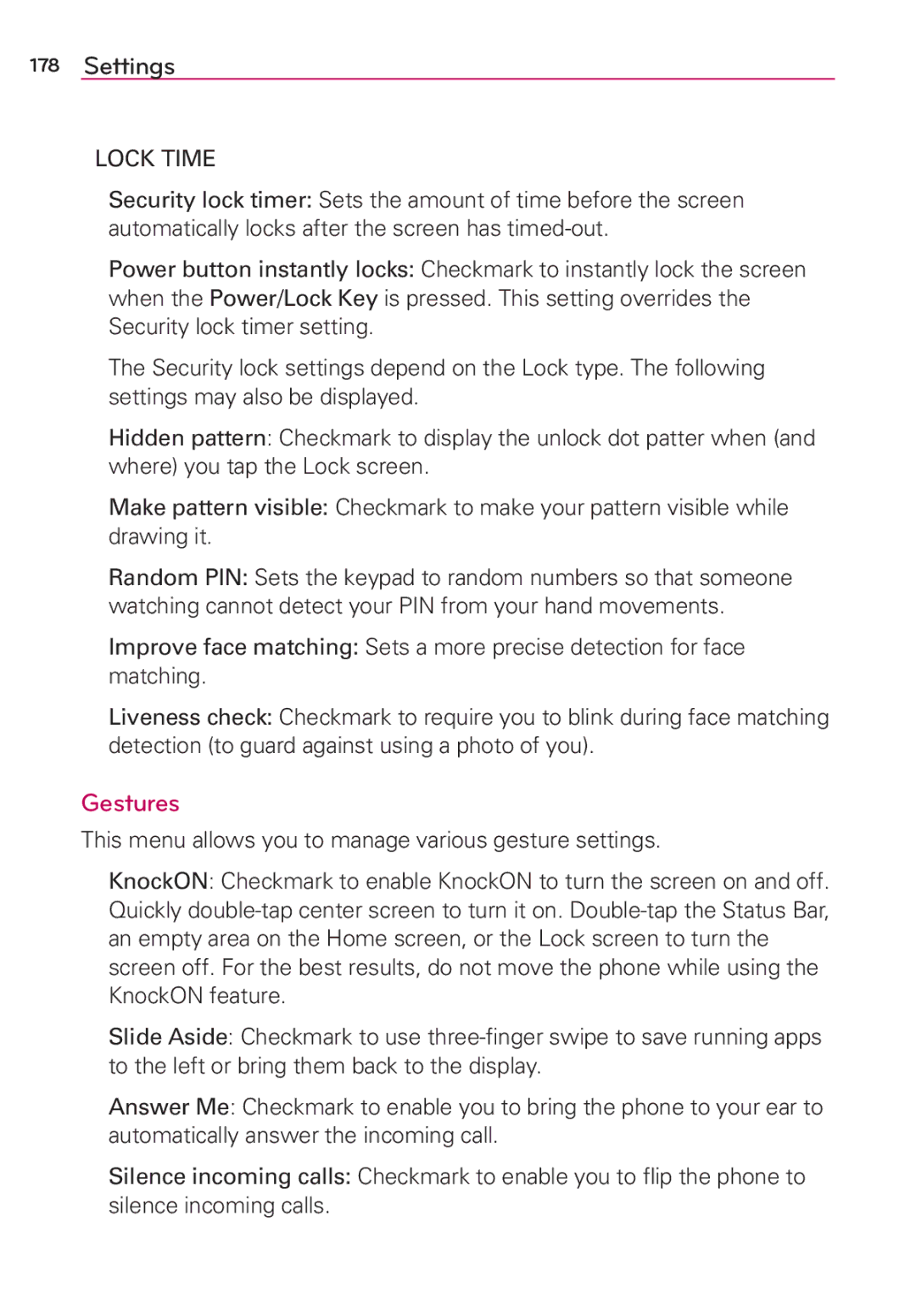 Verizon G2 manual Gestures, Lock Time 