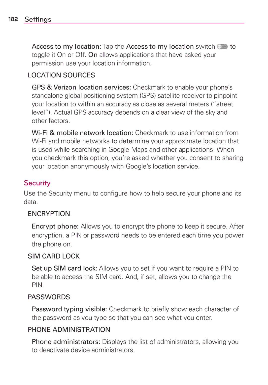 Verizon G2 manual Security 