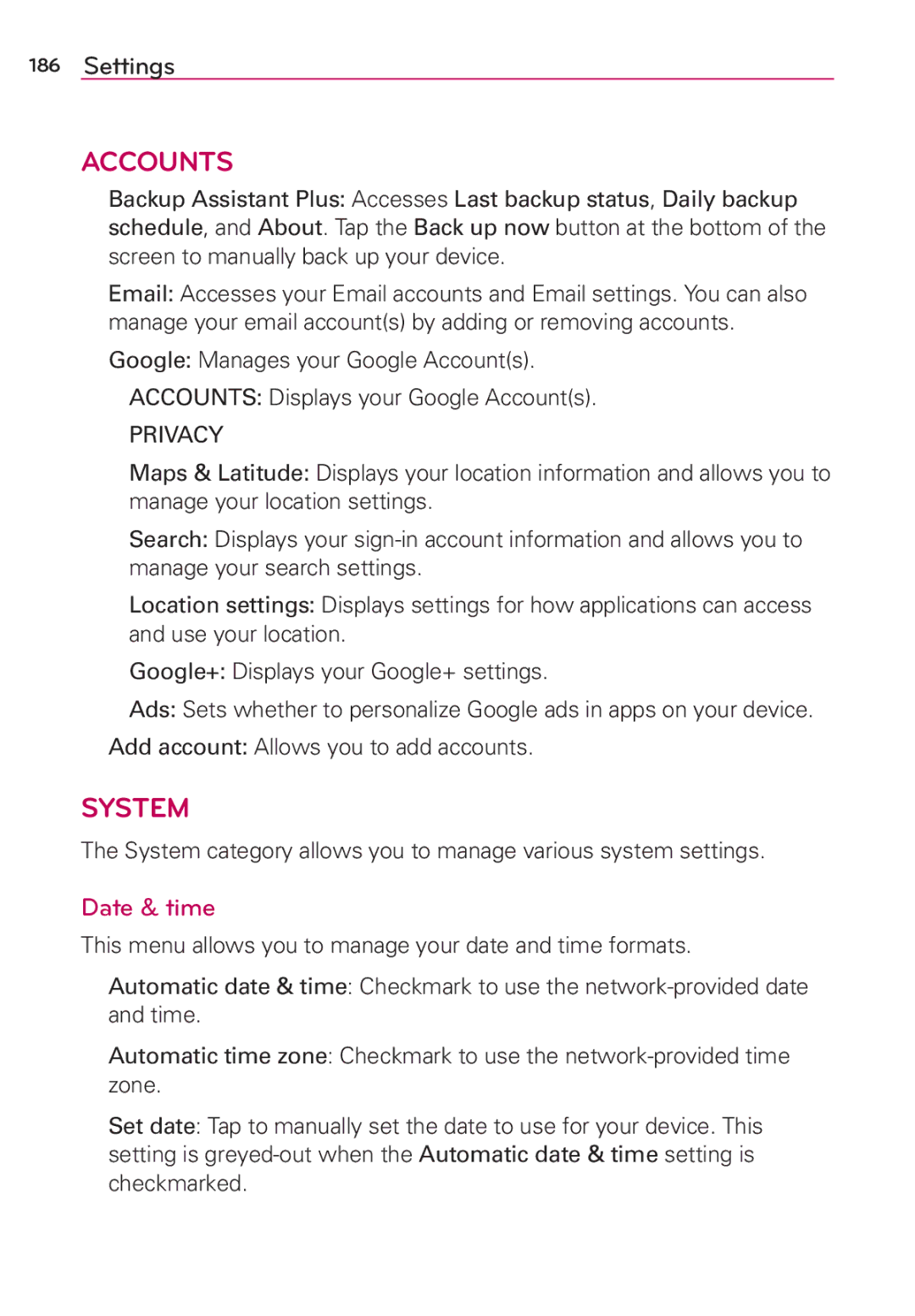 Verizon G2 manual Date & time, Privacy 