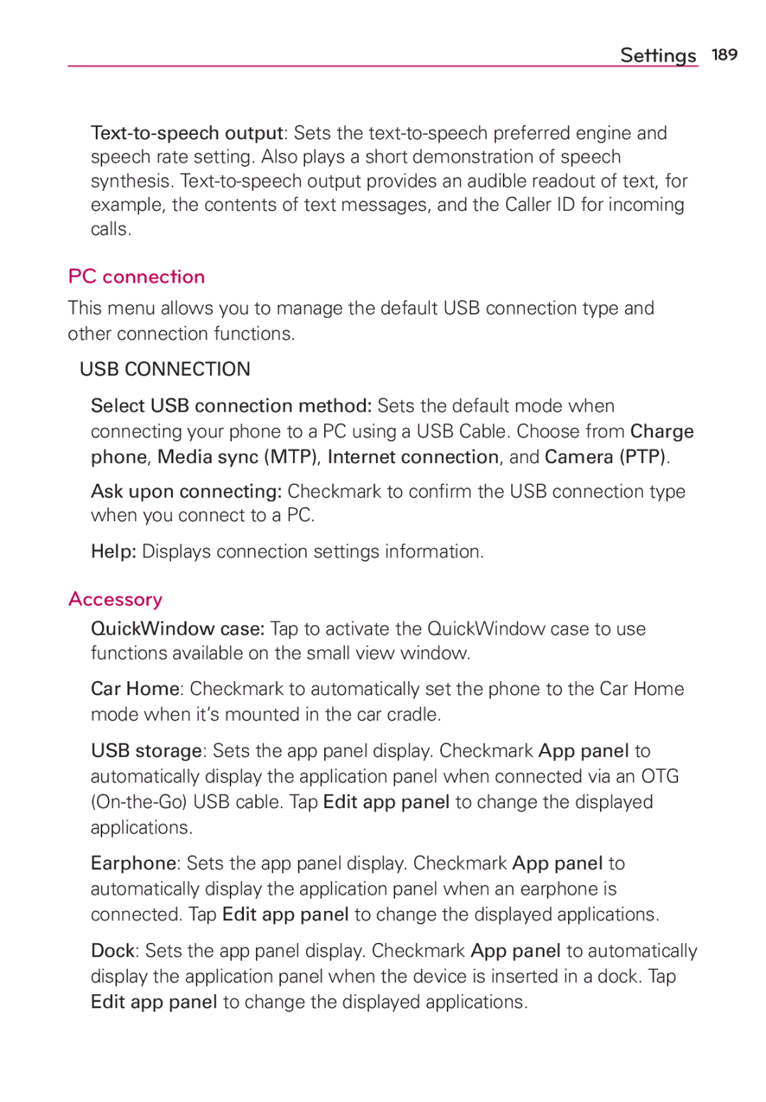 Verizon G2 manual PC connection, Accessory, USB Connection 