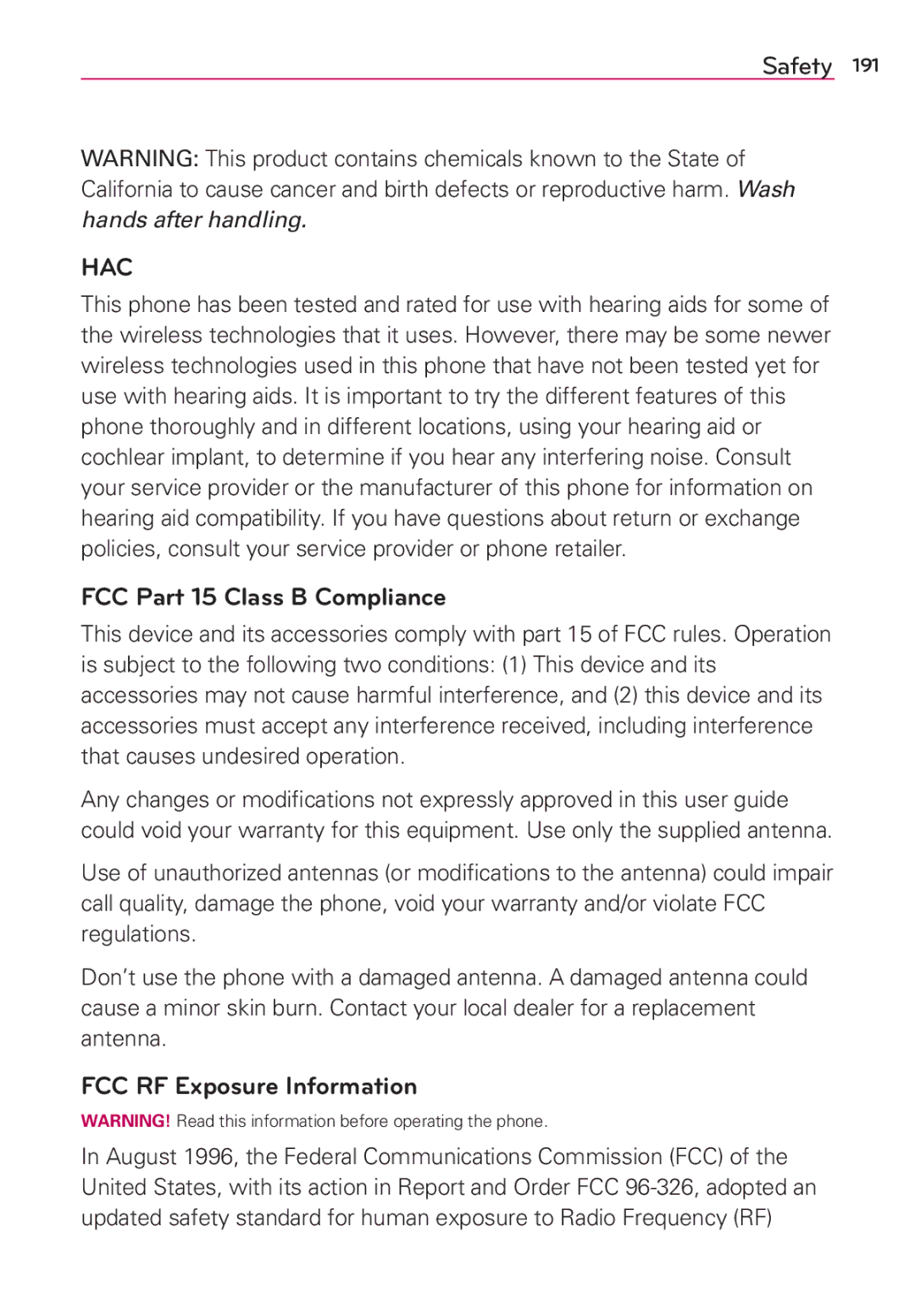 Verizon G2 manual FCC Part 15 Class B Compliance, FCC RF Exposure Information 