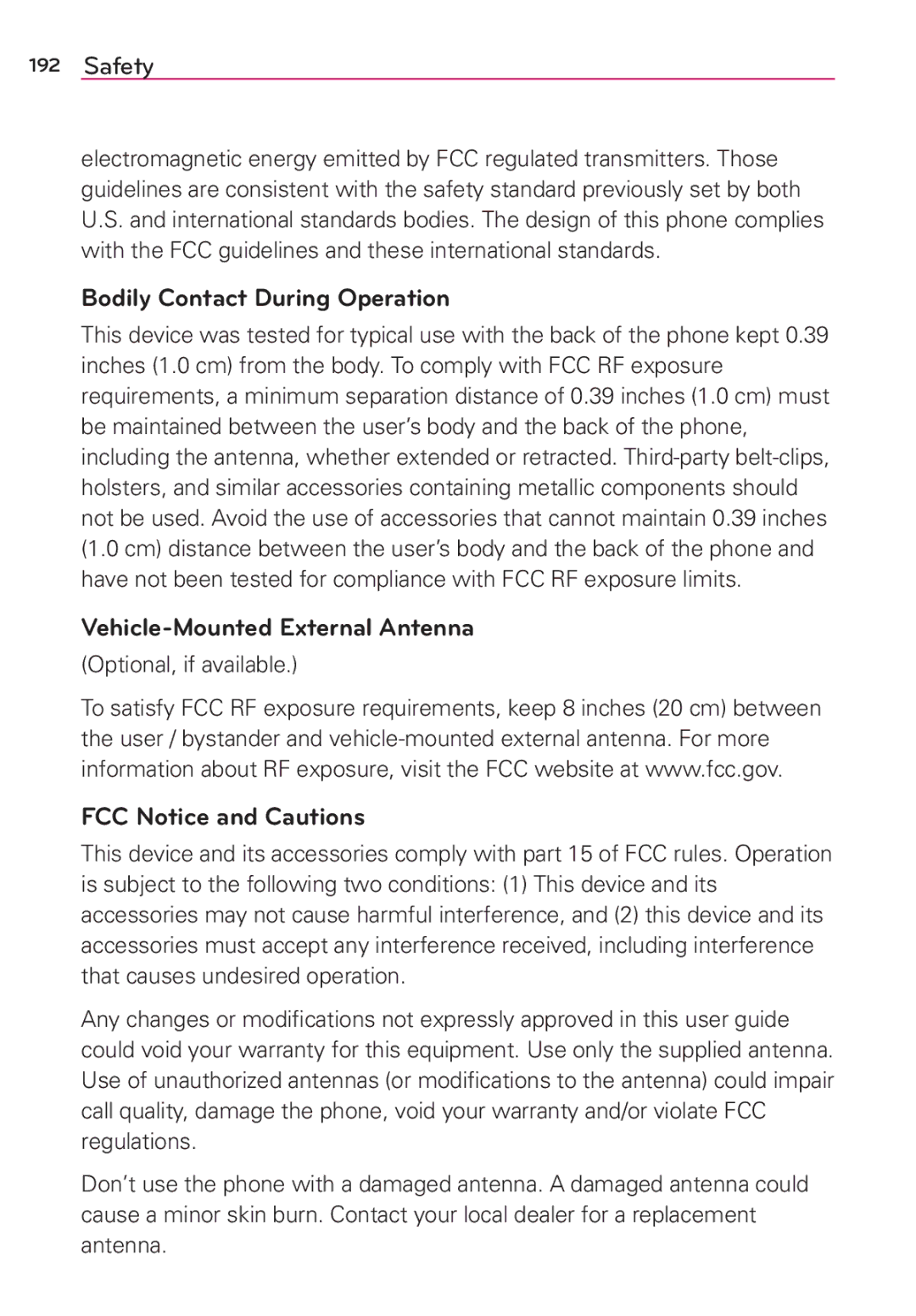 Verizon G2 manual Bodily Contact During Operation, Vehicle-Mounted External Antenna, FCC Notice and Cautions 