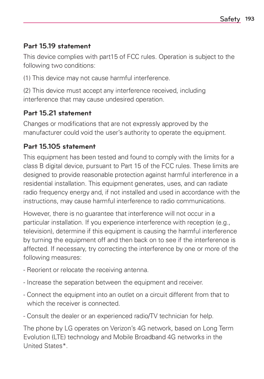 Verizon G2 manual Part 15.19 statement, Part 15.21 statement, Part 15.105 statement 