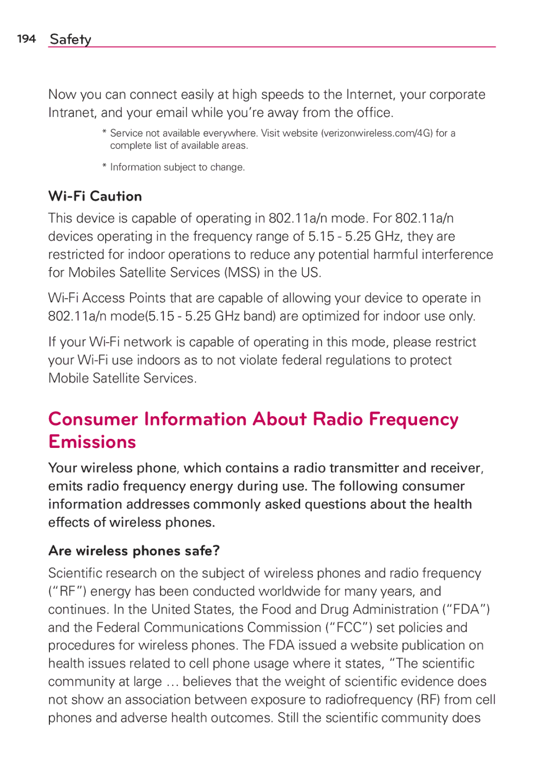 Verizon G2 manual Consumer Information About Radio Frequency Emissions, Wi-Fi Caution, Are wireless phones safe? 