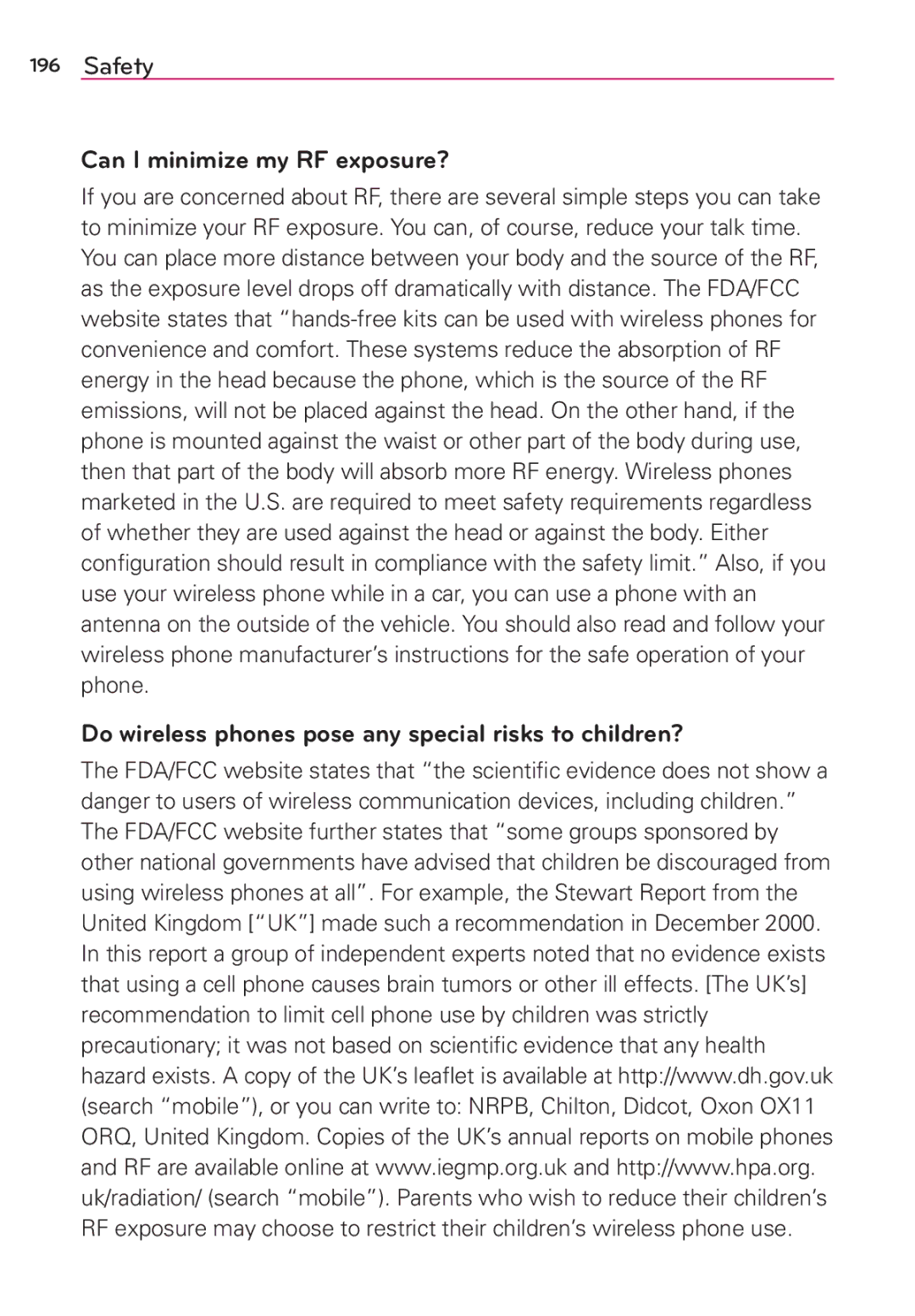 Verizon G2 manual Can I minimize my RF exposure?, Do wireless phones pose any special risks to children? 