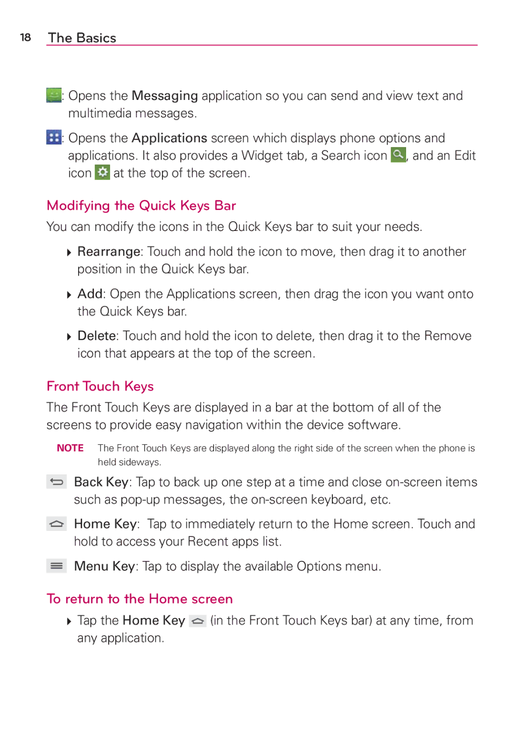 Verizon G2 manual Modifying the Quick Keys Bar, Front Touch Keys, To return to the Home screen 