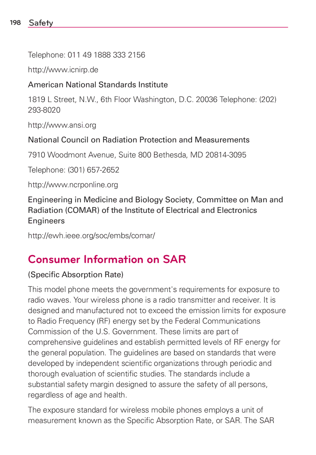 Verizon G2 manual Consumer Information on SAR, Speciﬁc Absorption Rate 