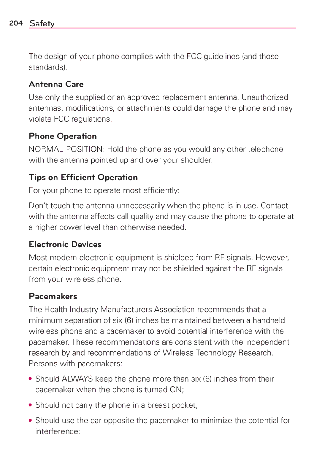 Verizon G2 manual Antenna Care, Phone Operation, Tips on Efﬁcient Operation, Electronic Devices, Pacemakers 