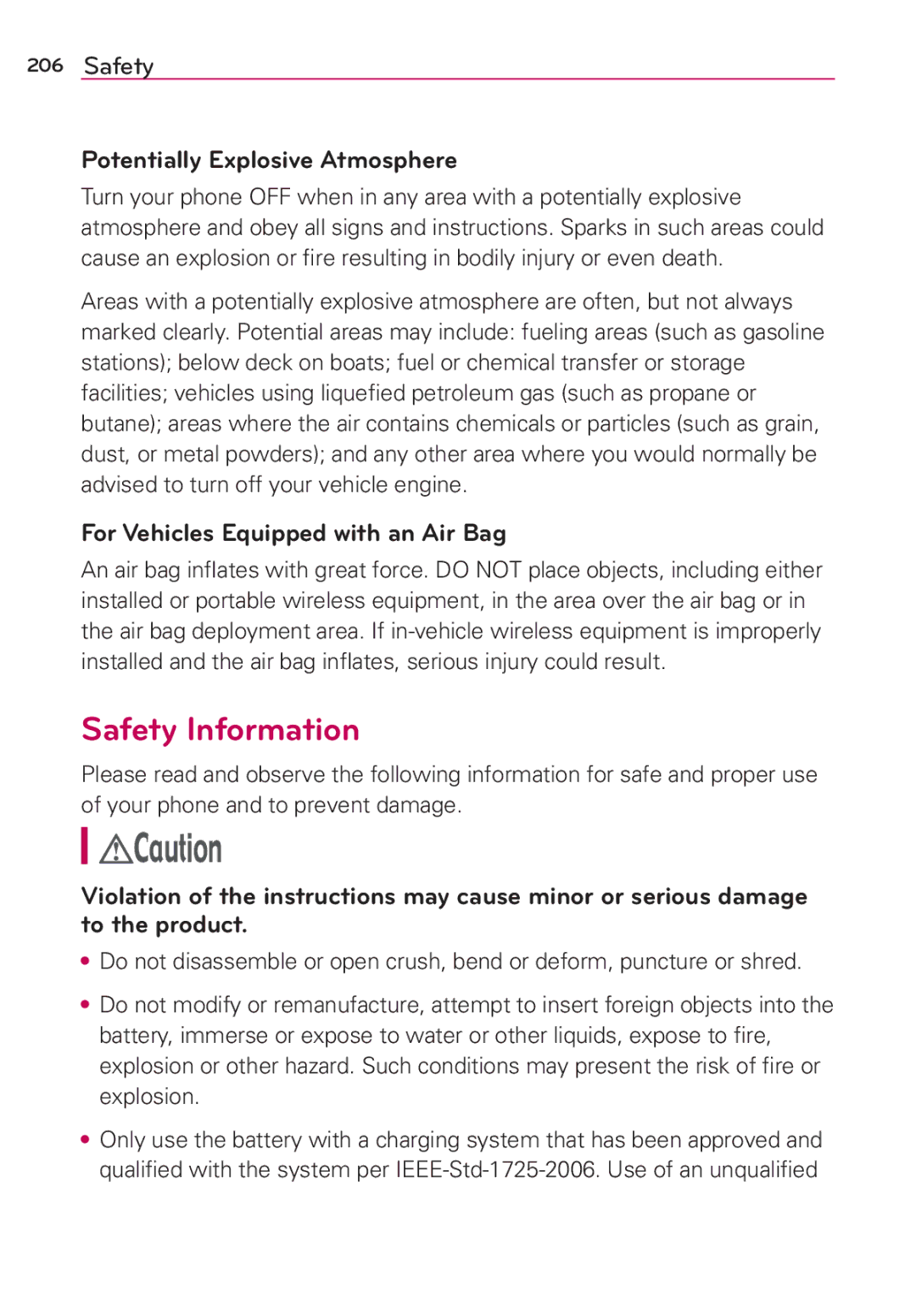 Verizon G2 manual Safety Information, Potentially Explosive Atmosphere, For Vehicles Equipped with an Air Bag 