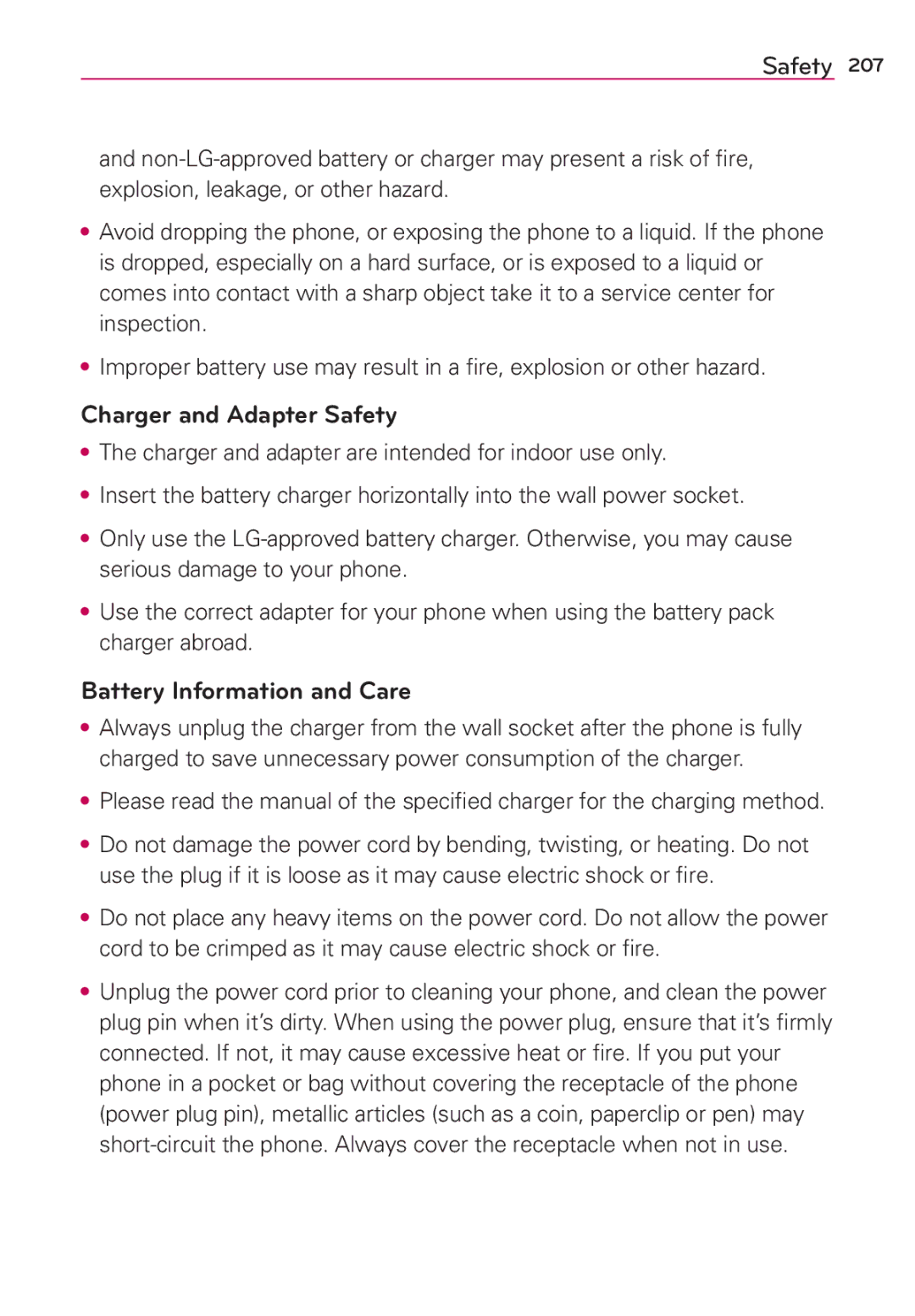 Verizon G2 manual Charger and Adapter Safety, Battery Information and Care 