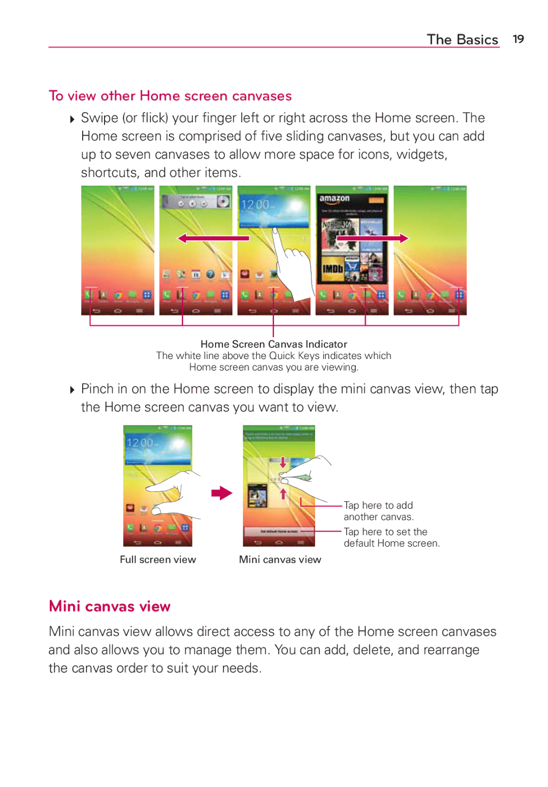 Verizon G2 manual Mini canvas view, To view other Home screen canvases 