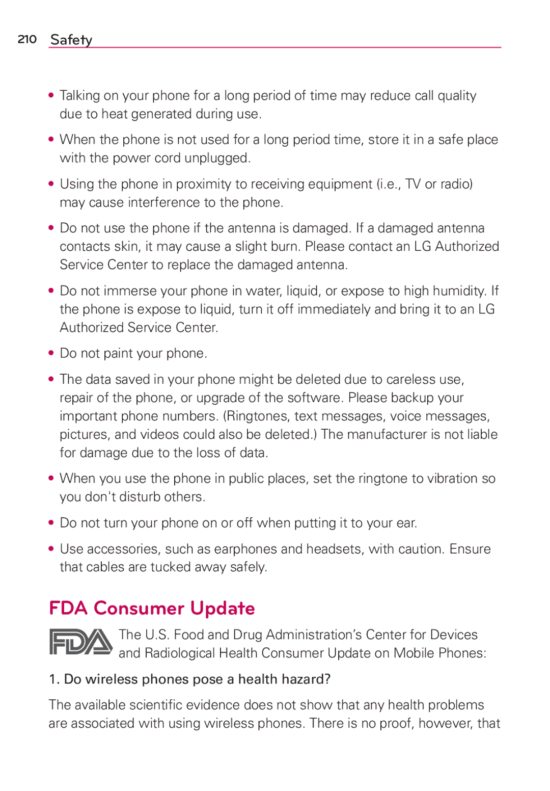 Verizon G2 manual FDA Consumer Update, Do wireless phones pose a health hazard? 