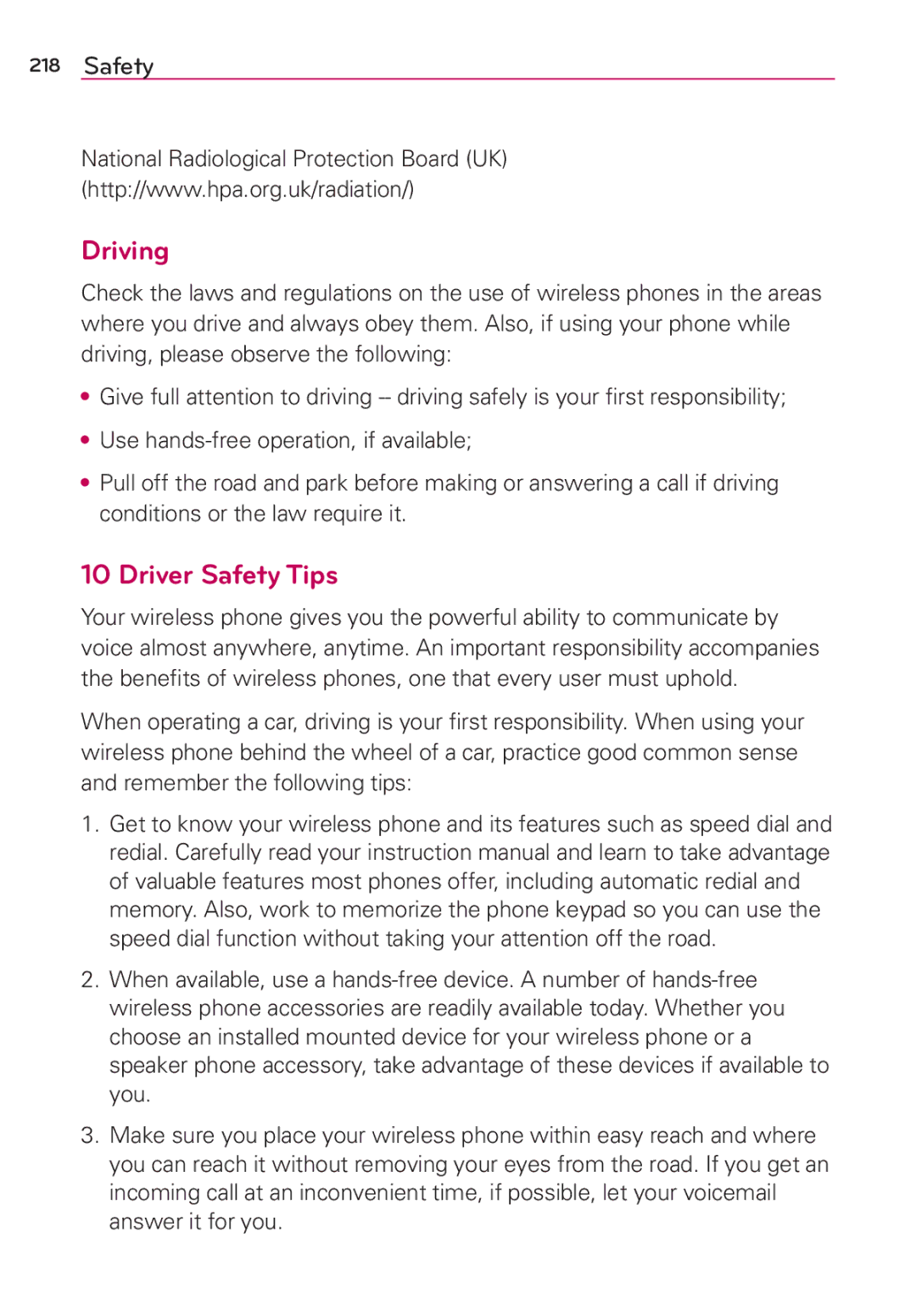 Verizon G2 manual Driving, Driver Safety Tips 