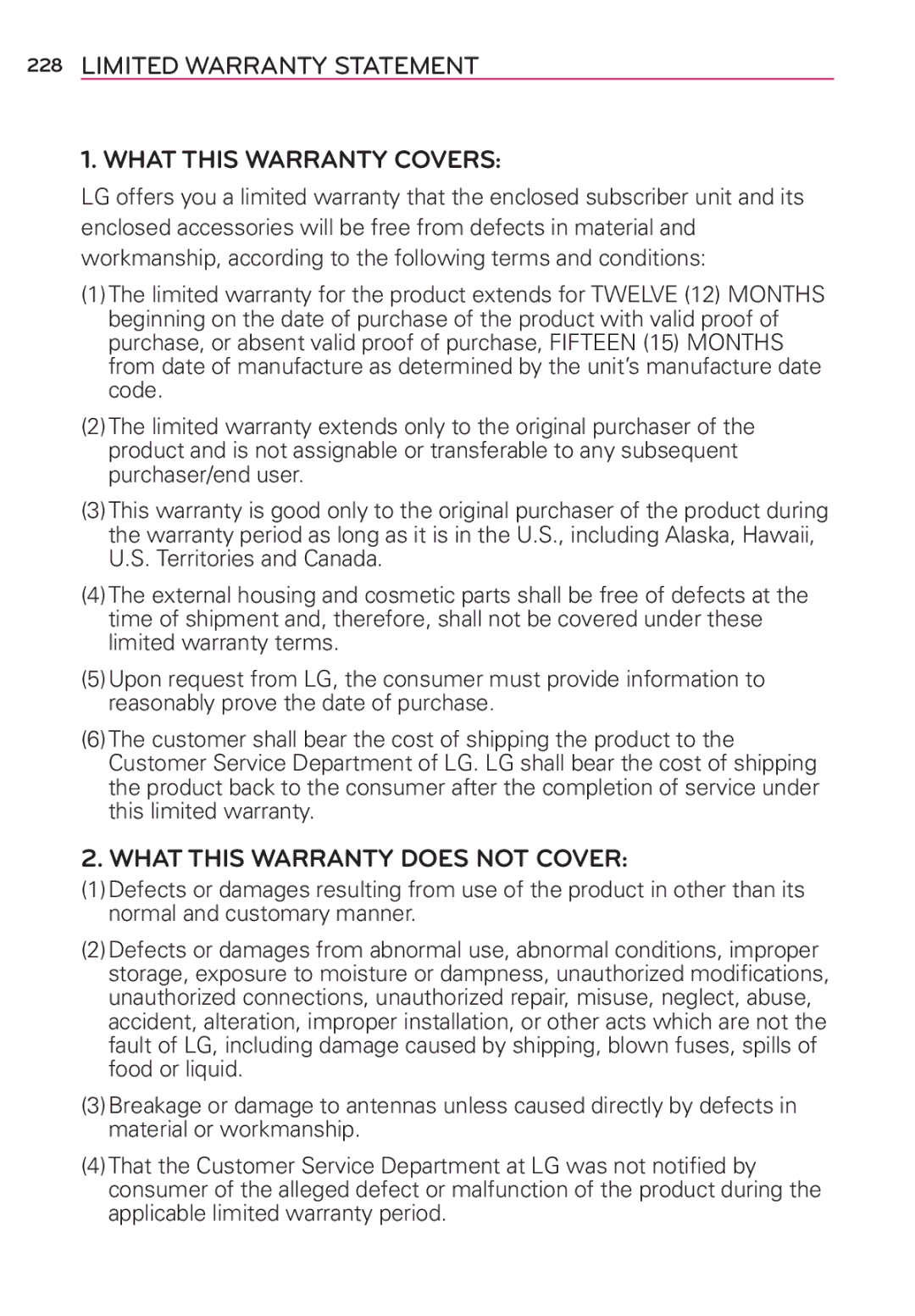 Verizon G2 manual What this Warranty Covers 