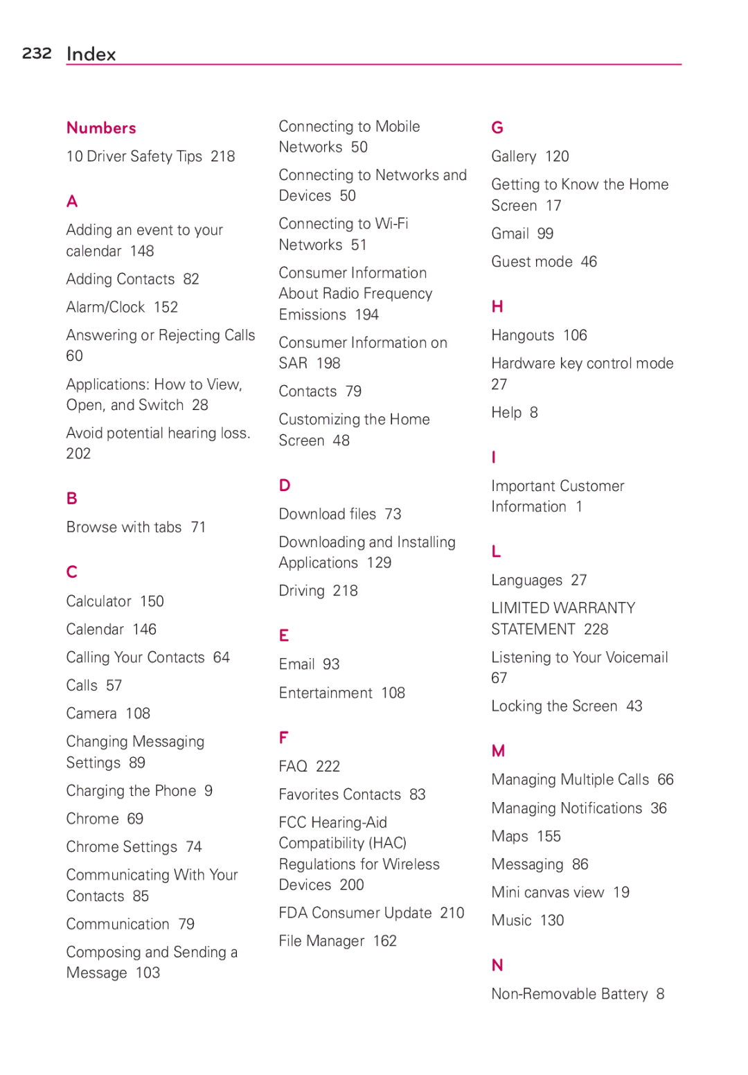 Verizon G2 manual Index 