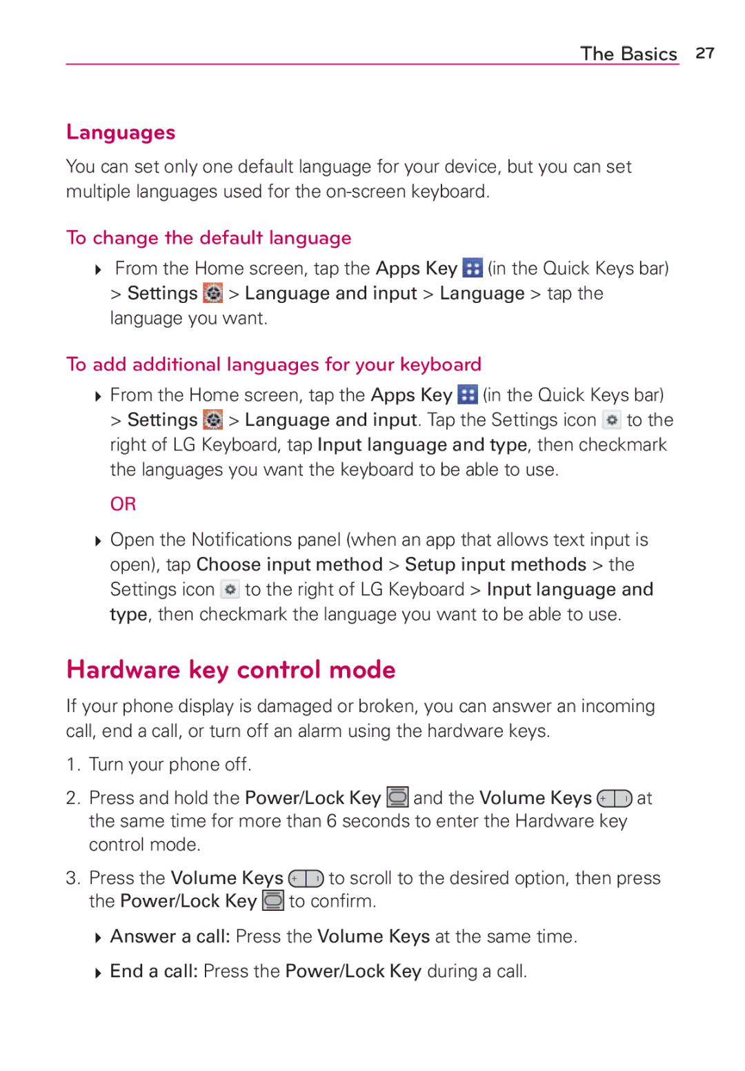 Verizon G2 manual Hardware key control mode, Languages, To change the default language 